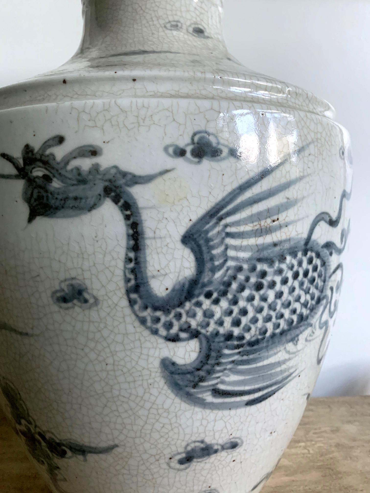 Large Korean Blue and White Vase with Phoenix Design For Sale 2