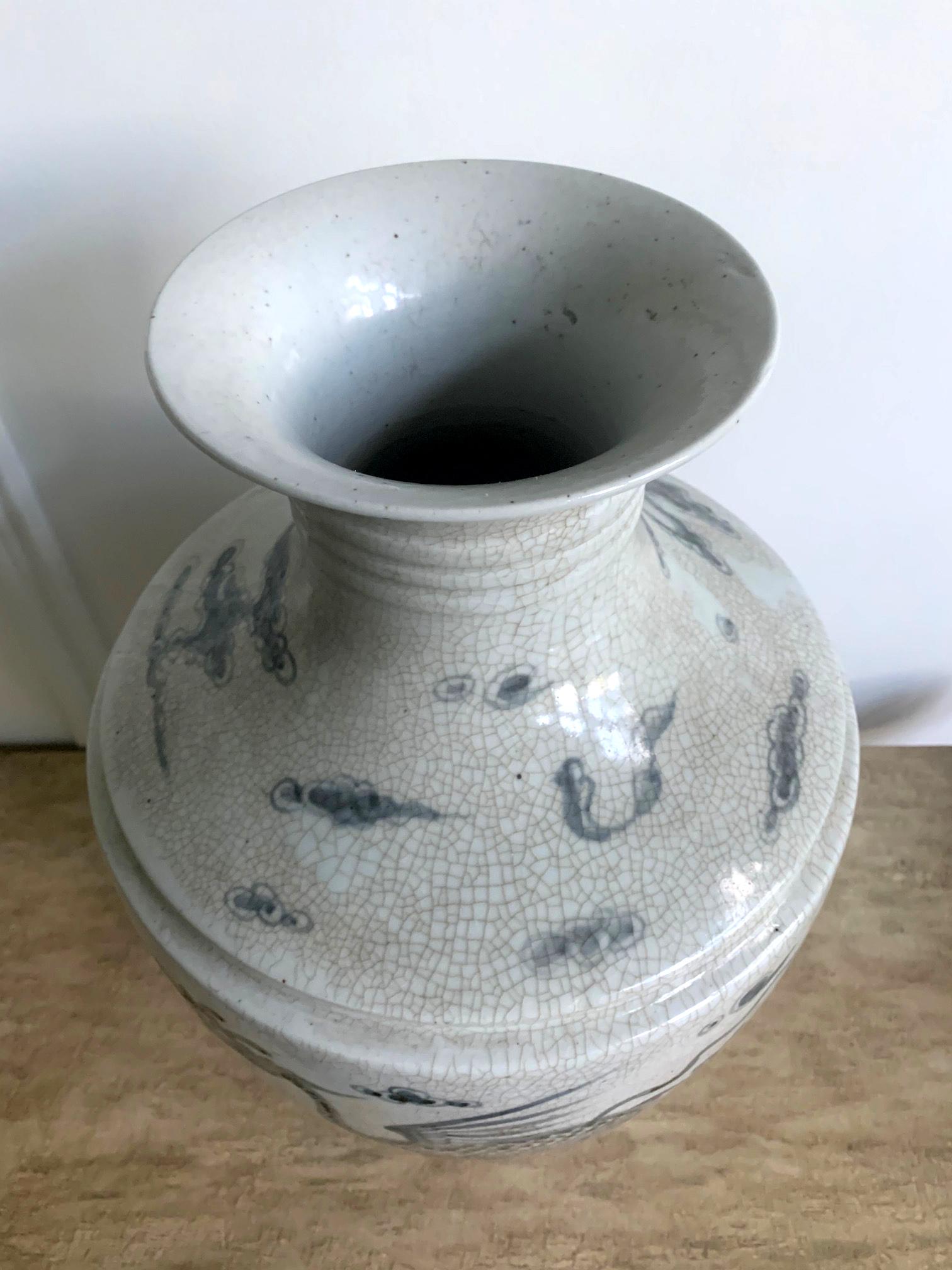 Archaistic Large Korean Blue and White Vase with Phoenix Design For Sale