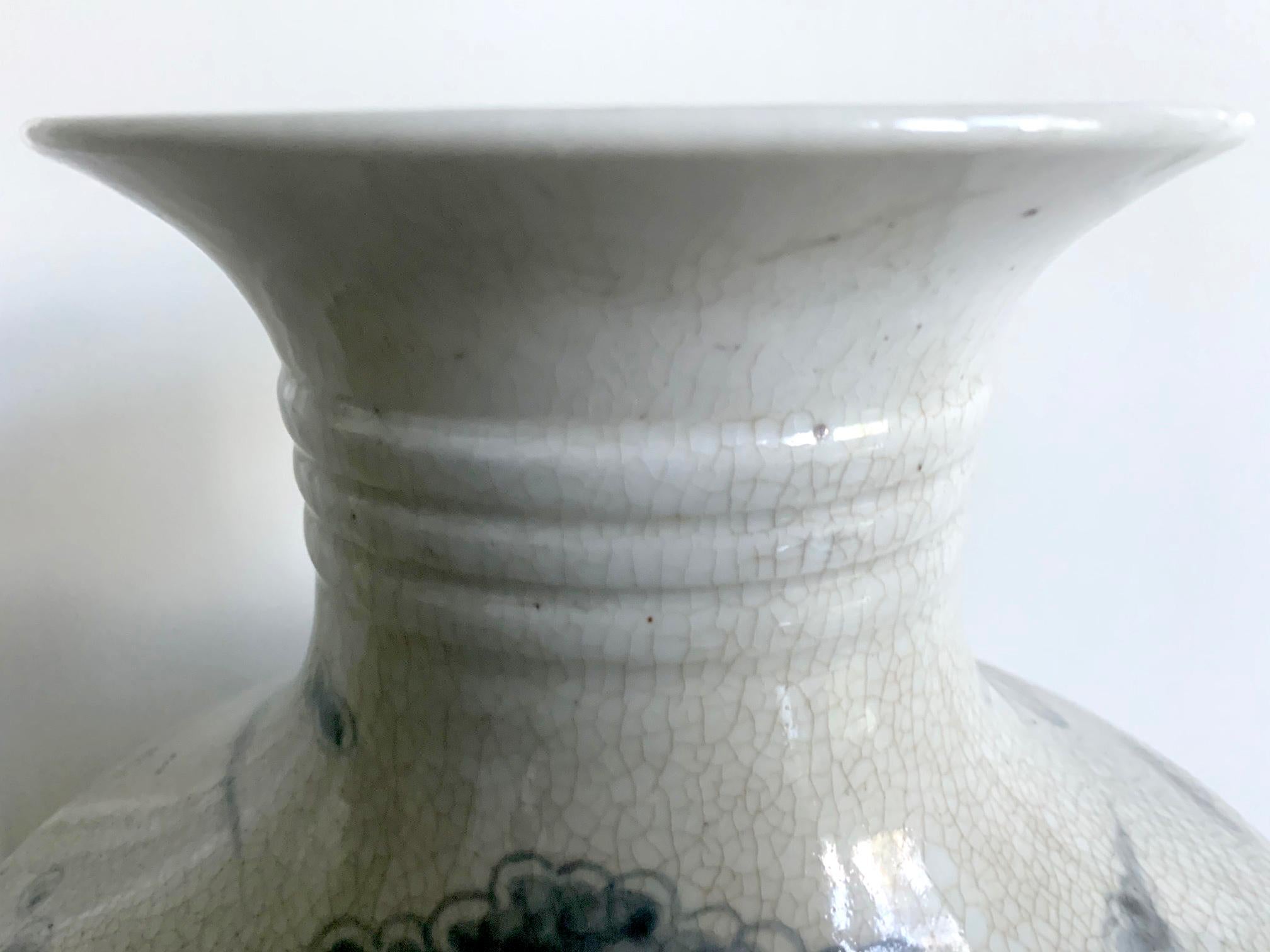 Ceramic Large Korean Blue and White Vase with Phoenix Design For Sale