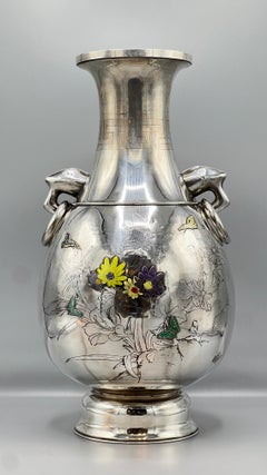 Large Korean Enameled Pure Silver Flower Vase