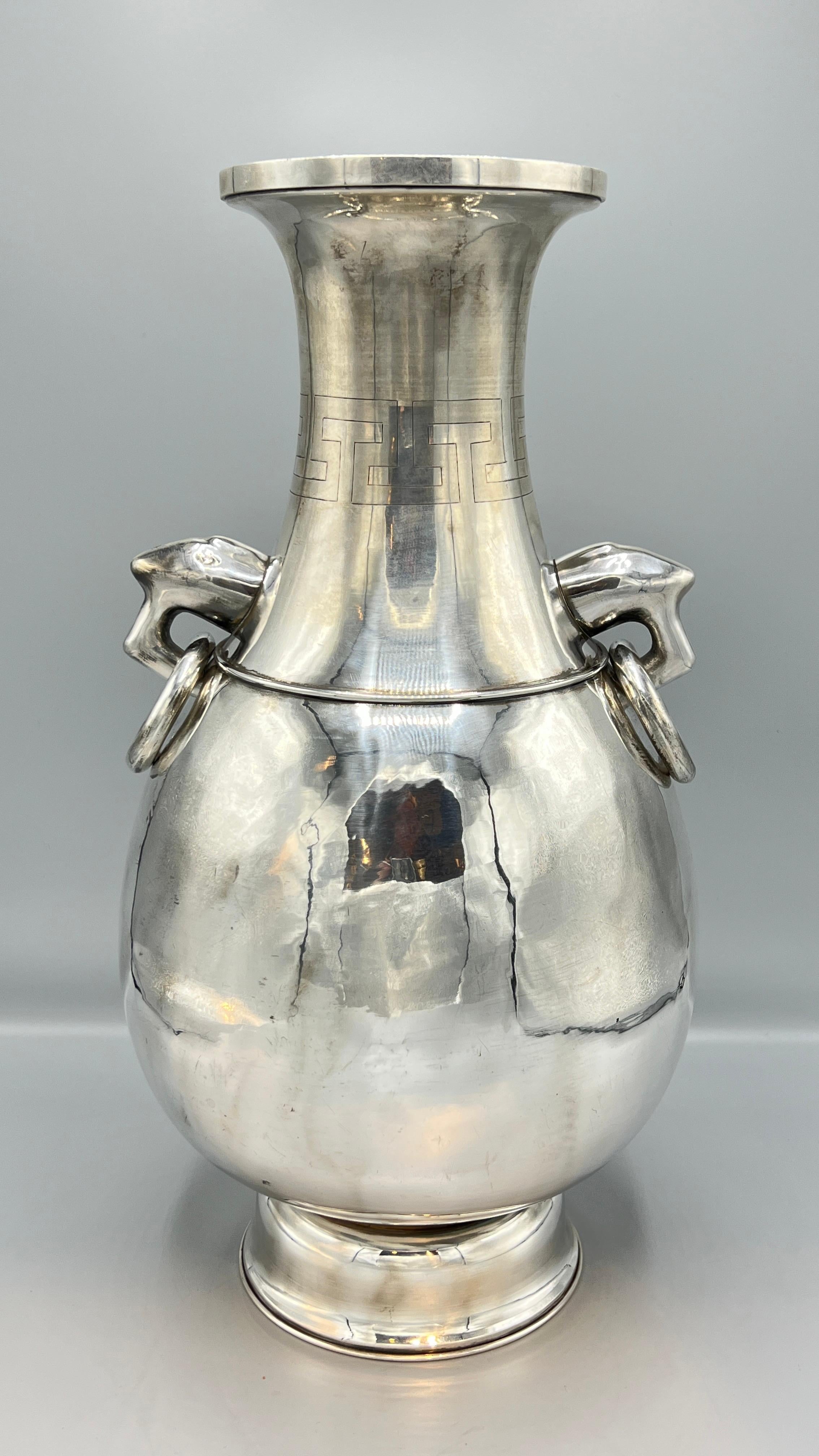 20th Century Large Korean Enameled Pure Silver Flower Vase For Sale