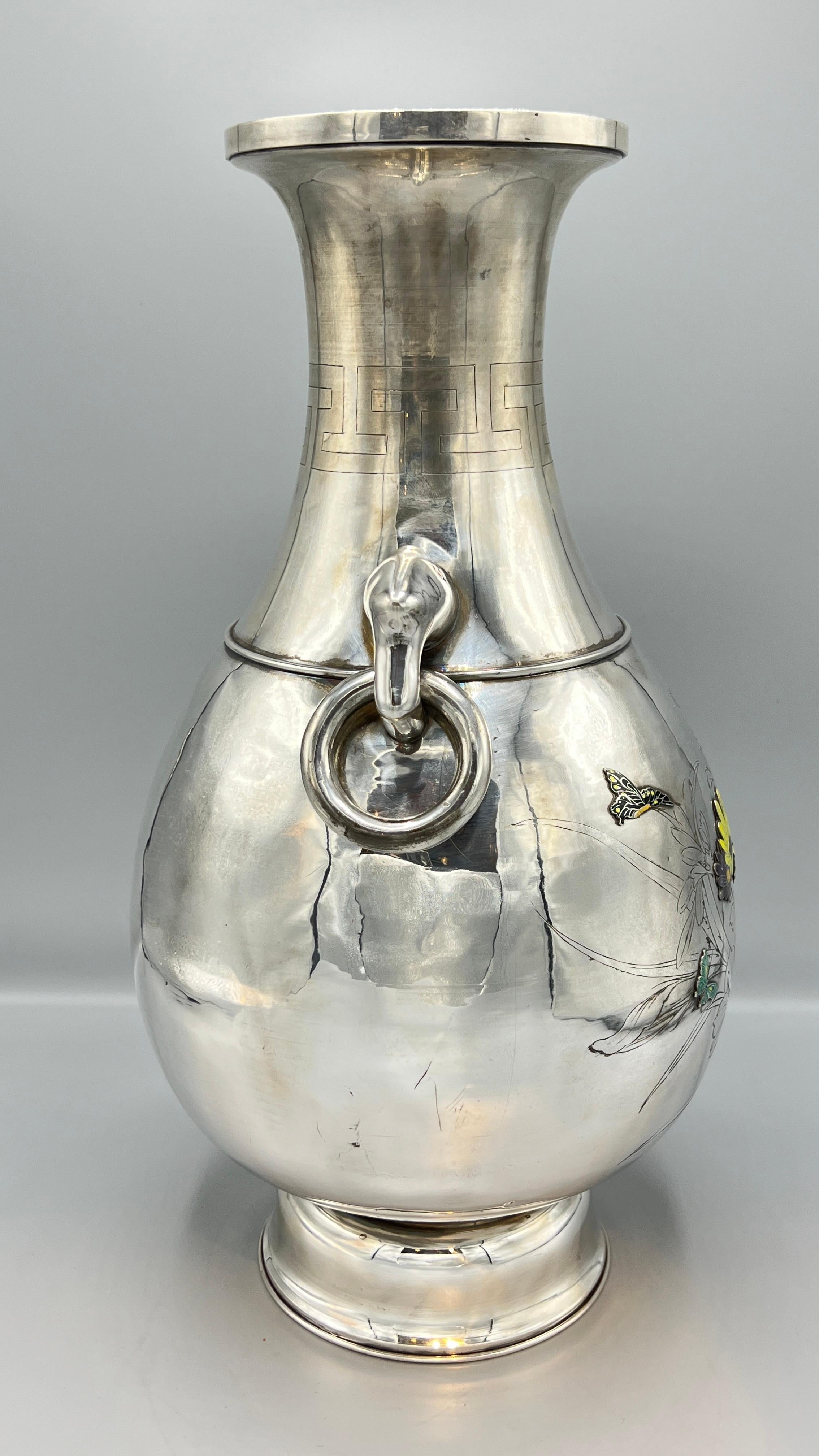 Large Korean Enameled Pure Silver Flower Vase For Sale 1