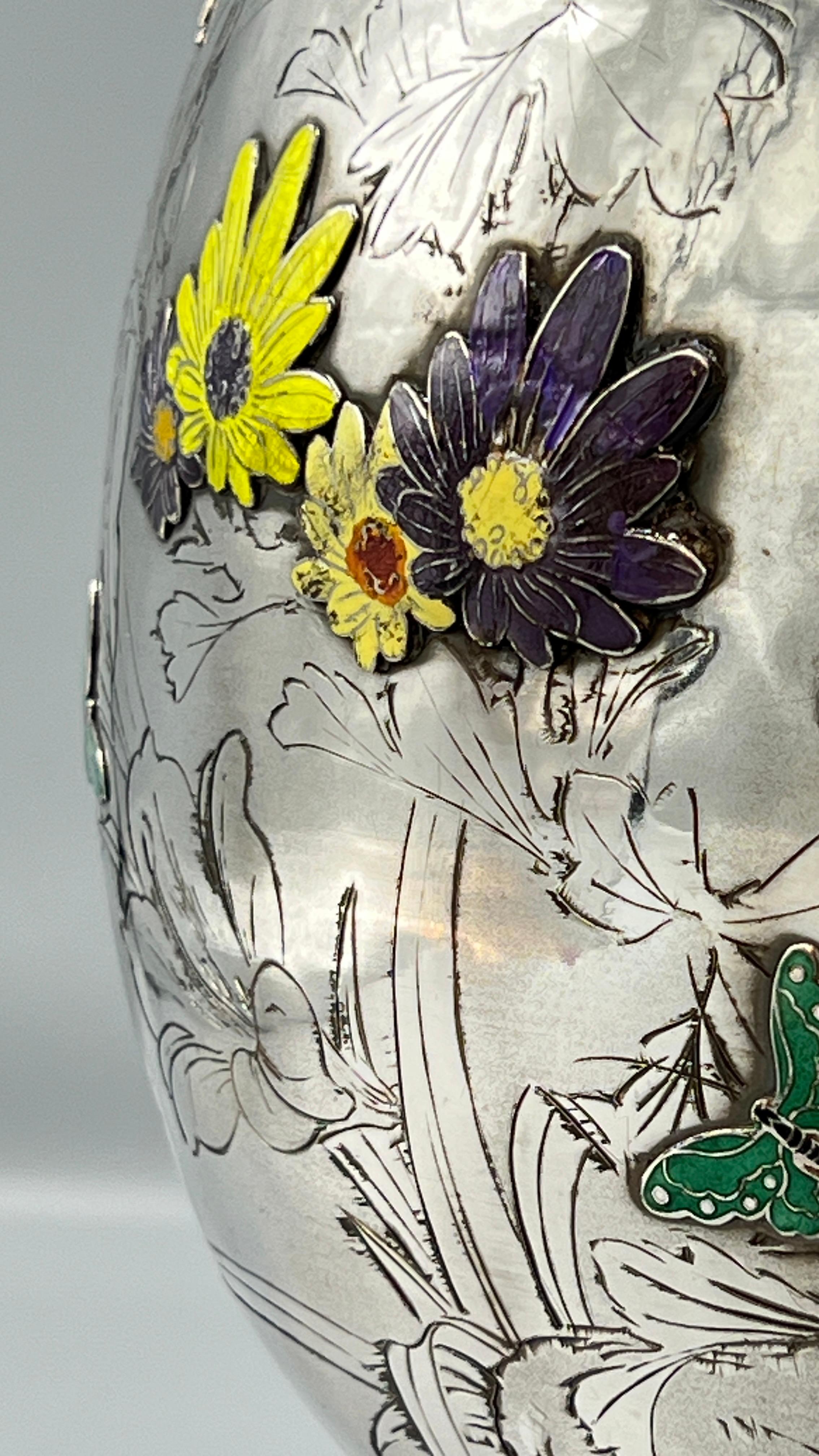 Large Korean Enameled Pure Silver Flower Vase For Sale 3