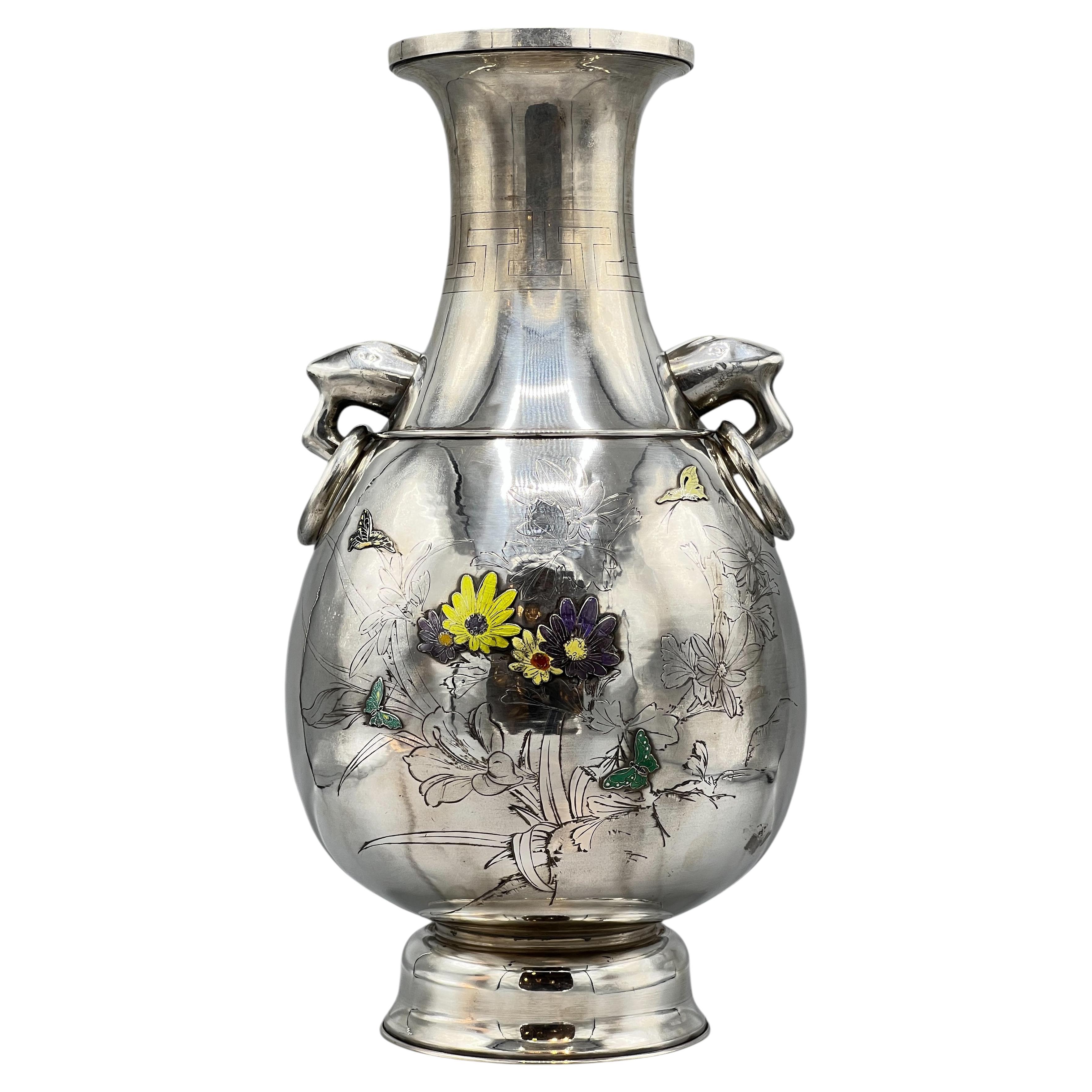 Large Korean Enameled Pure Silver Flower Vase For Sale