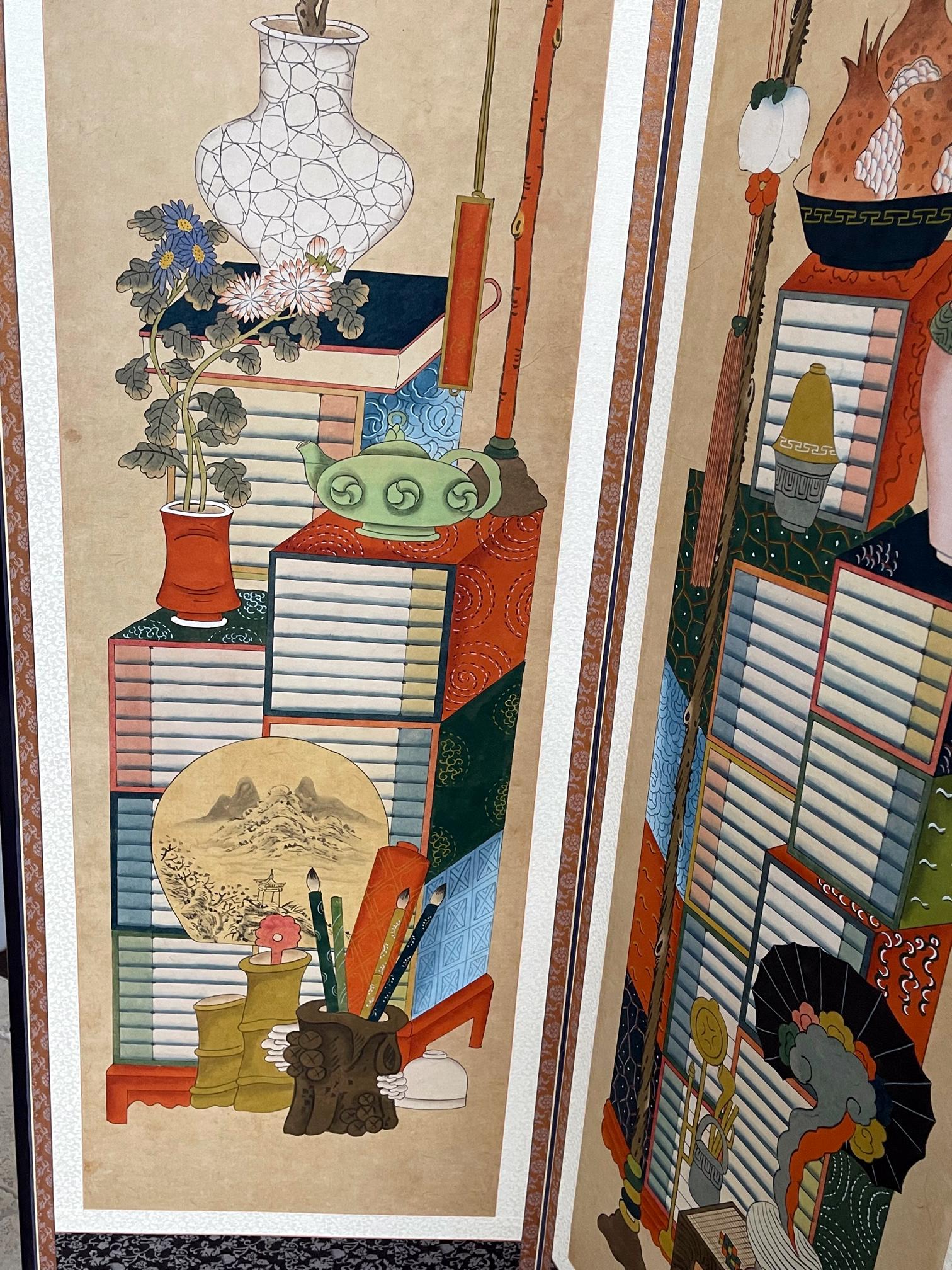 Large Korean Folding Chaekgeori Books and Scholars' Possessions Floor Screen 1