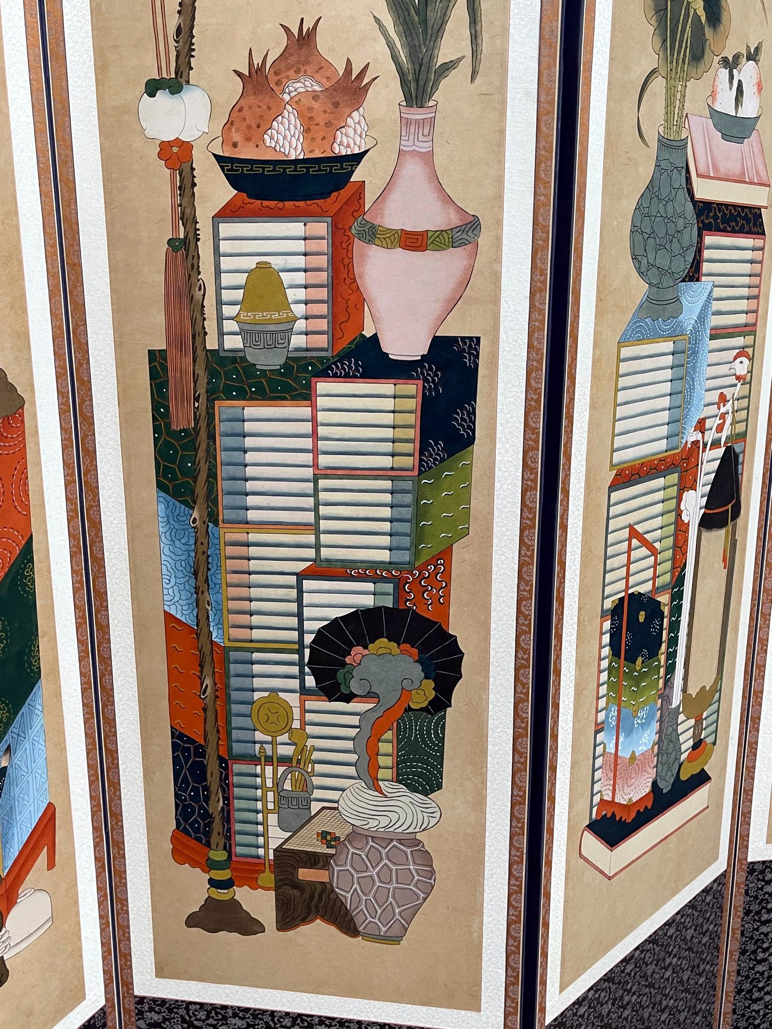 Brocade Large Korean Folding Chaekgeori Books and Scholars' Possessions Floor Screen
