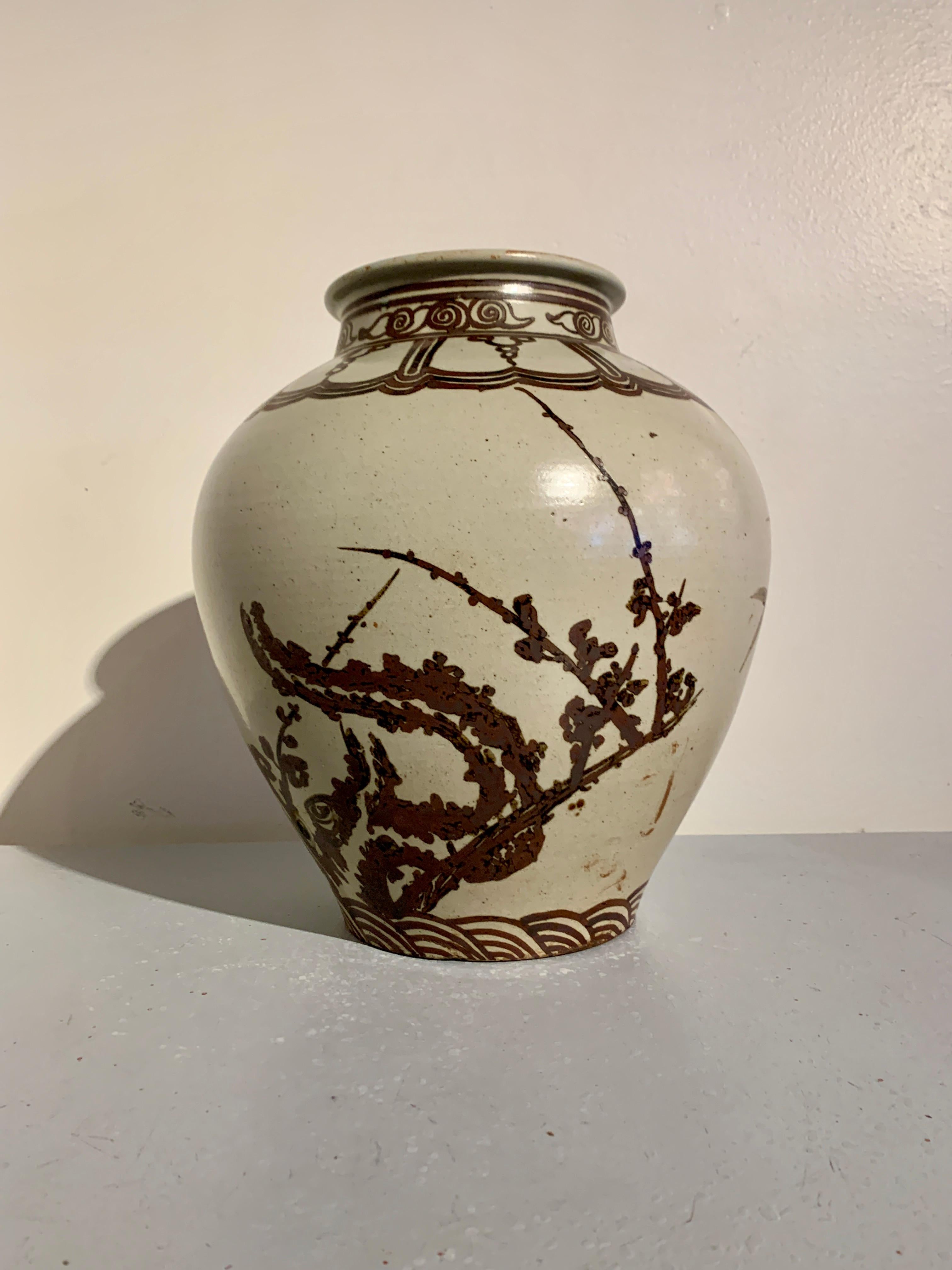 Large Korean Iron Red Glazed Bamboo and Plum Vase, 20th Century, Korea In Good Condition For Sale In Austin, TX