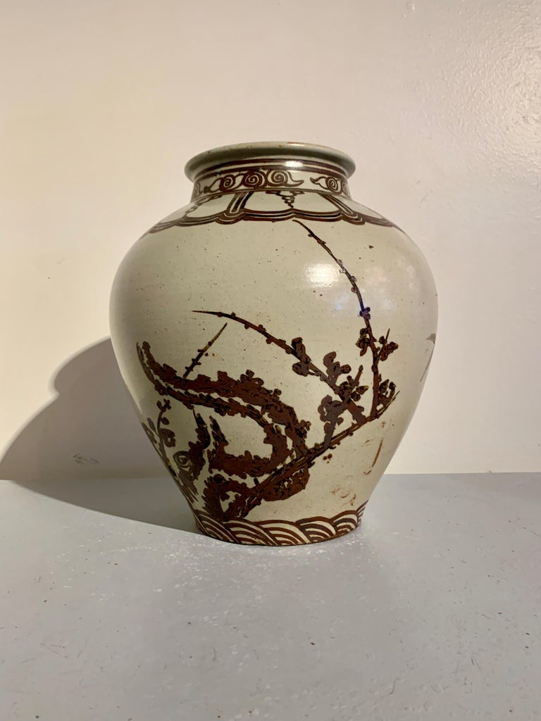 Large Korean Iron Red Glazed Bamboo and Plum Vase, 20th Century, Korea