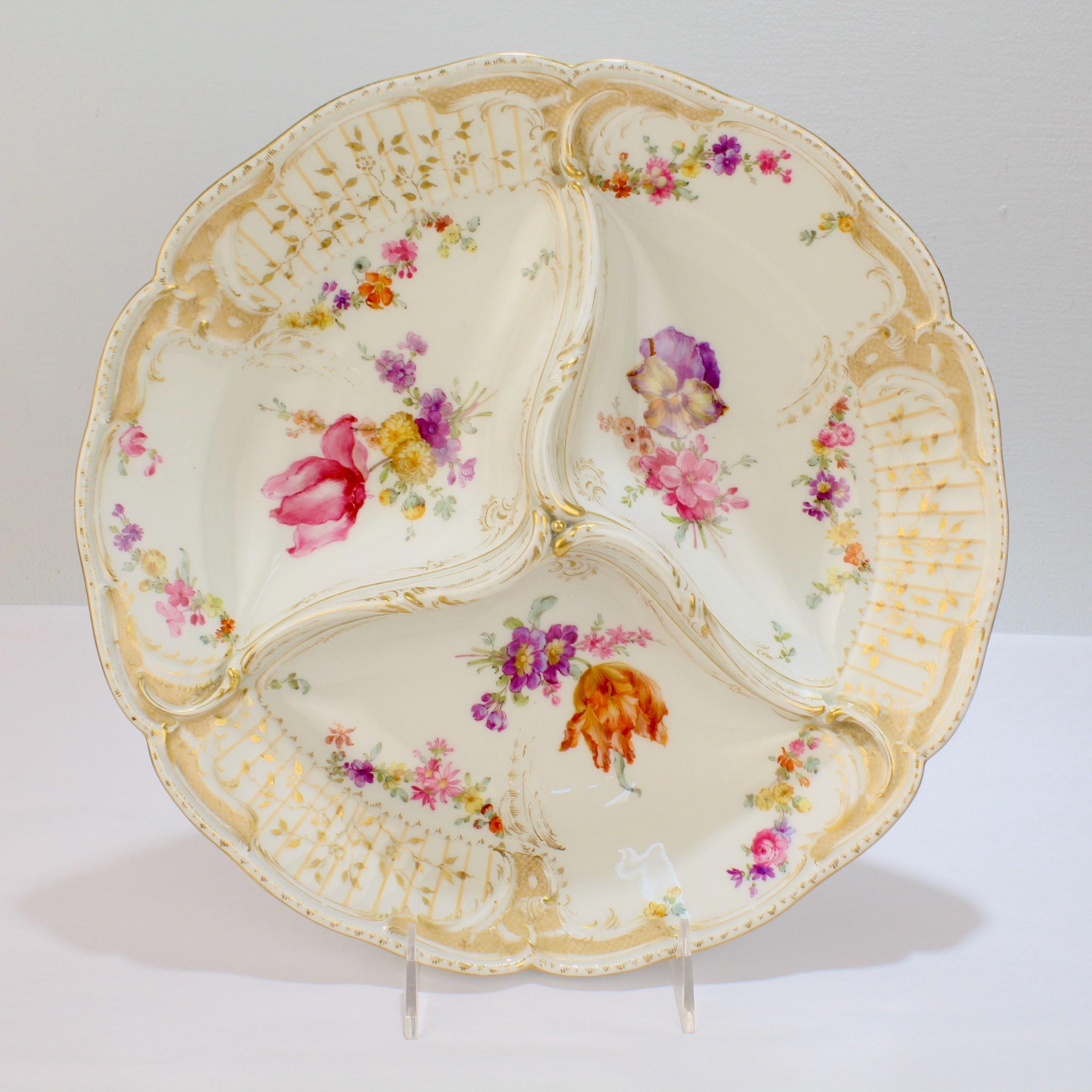 A very fine divided porcelain dish in the Reliefzierat pattern.

By the K.P.M. Royal Berlin Porcelain Manufactory. 

Modeled after the services supplied to Frederick the Great of Prussia for his Potsdam palace.

With a three-part divided center,