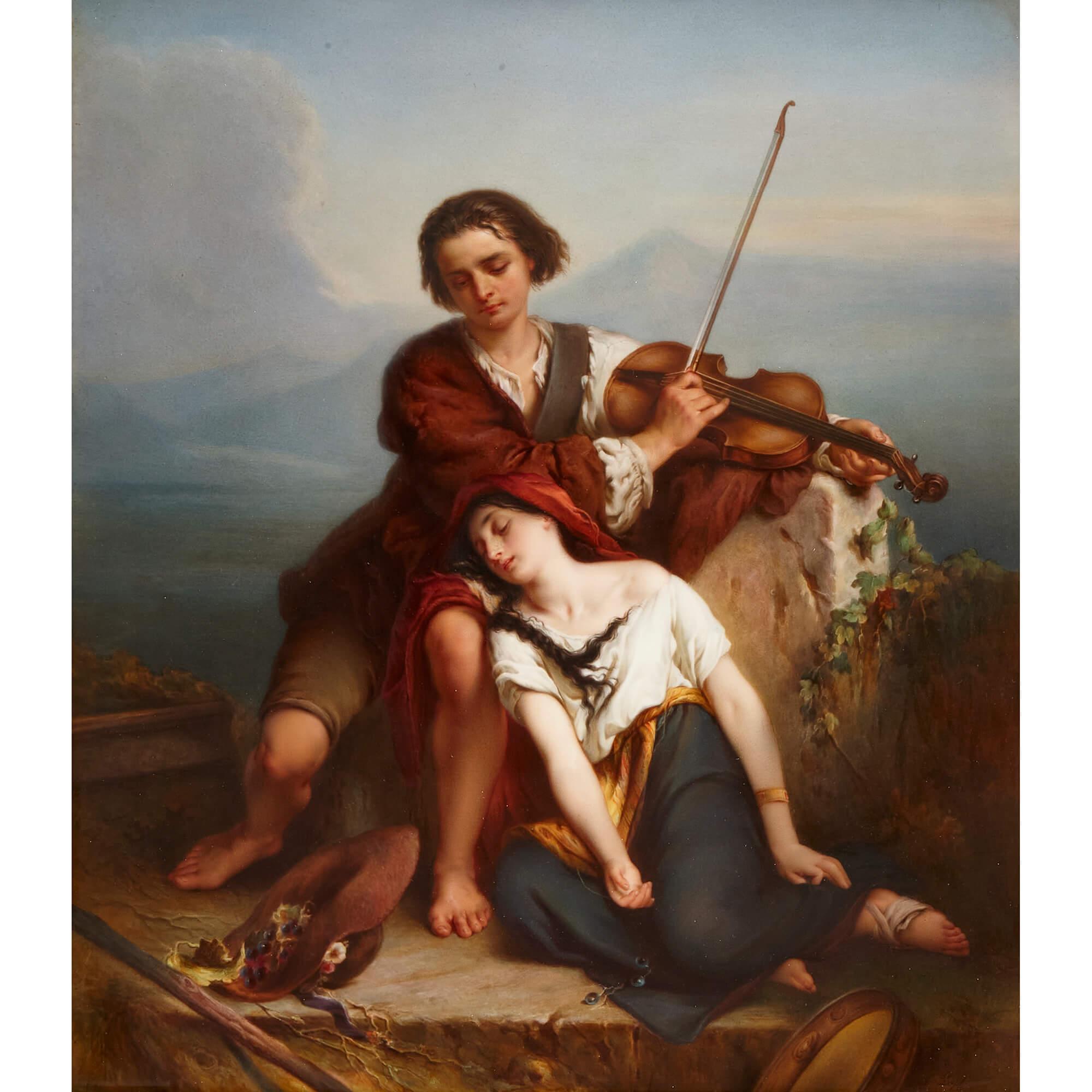 Large KPM porcelain plaque after Louis Gallait
German, Late 19th Century
Frame: height 53cm, width 48cm, depth 6cm
Plaque: height 40cm, width 35cm

Signed to the front lower right and with impressed KPM marks to reverse, this superb porcelain plaque