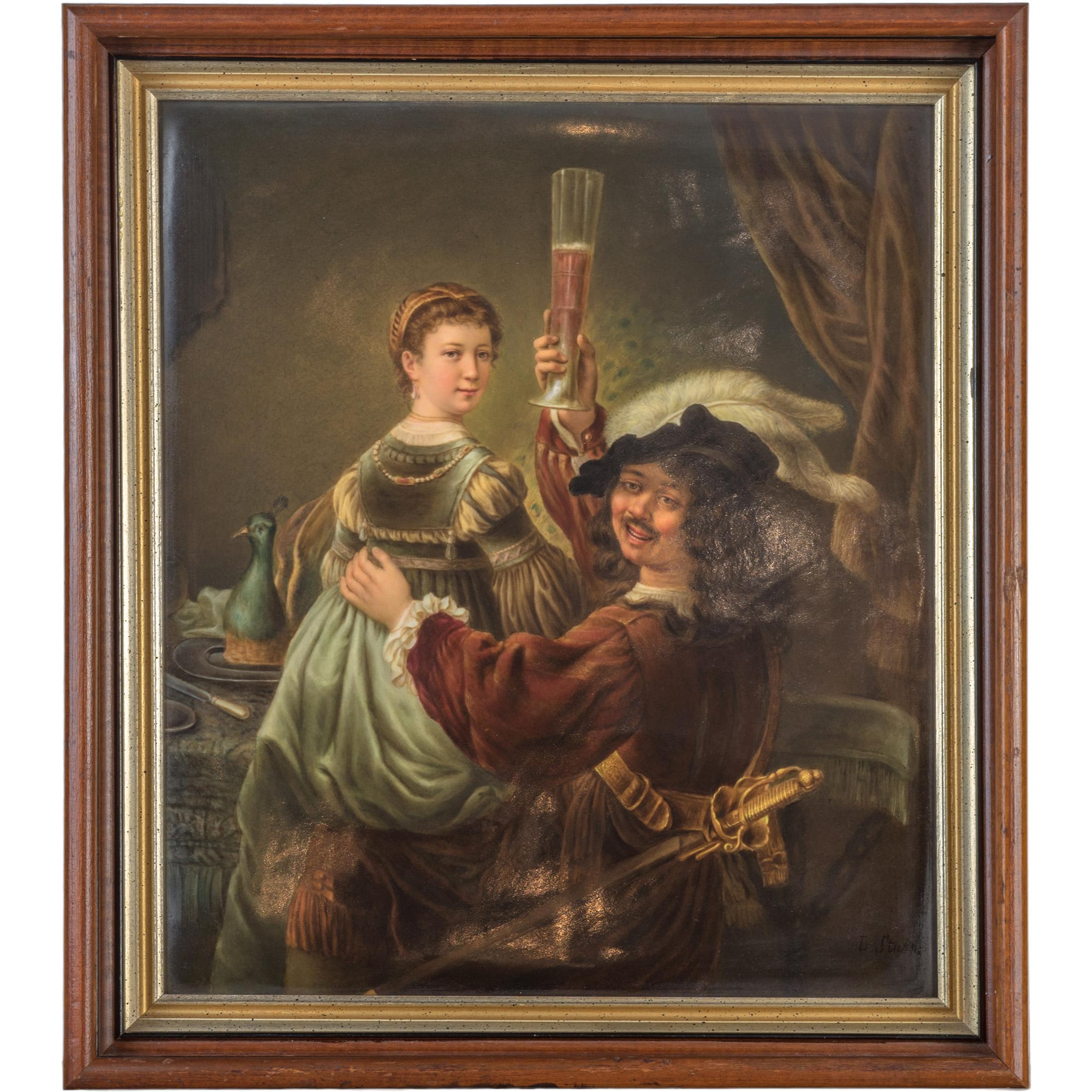 Large KPM Porcelain Plaque depicting Rembrandt and his wife in the scene of the Prodigal Son in the tavern stamped KPM on the reverse15 1/2 x 13 1/2 inches.