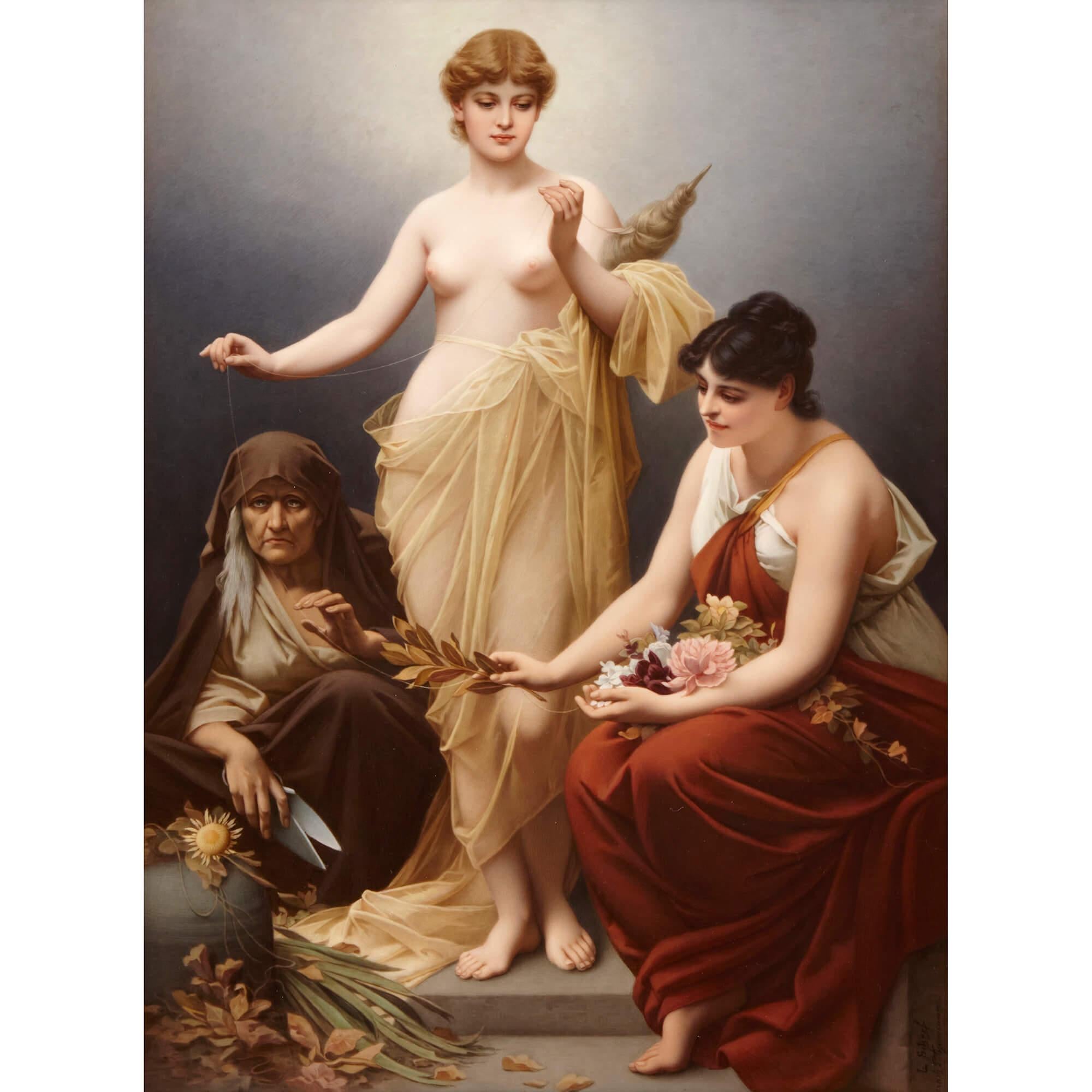 Very fine and large KPM porcelain plaque of The Three Fates
German, c.1908
Frame: height 90cm, width 77cm, depth 9cm
Plaques: height 53cm, width 43cm, depth 0.5cm

This exceptional painted porcelain plaque by the important manufactory K.P.M. depicts