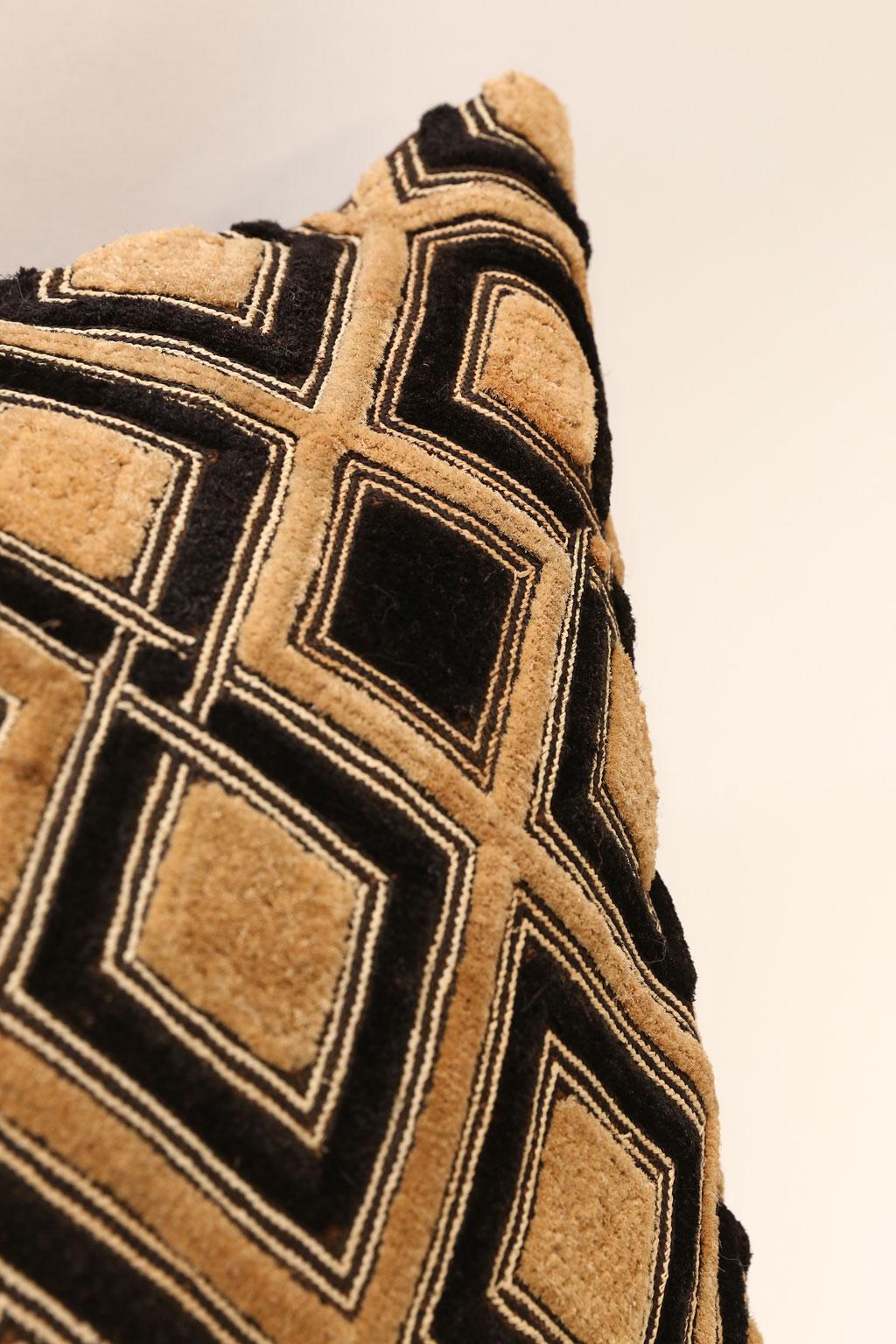Large Kuba cloth cushion: Face is made from vintage Kuba cloth (raphia palm with cut pile to resemble velvet). Backed by hand-dyed vintage hemp. Includes zip fastener and feather insert. Compliments a second Kuba cloth cushion in our inventory (item