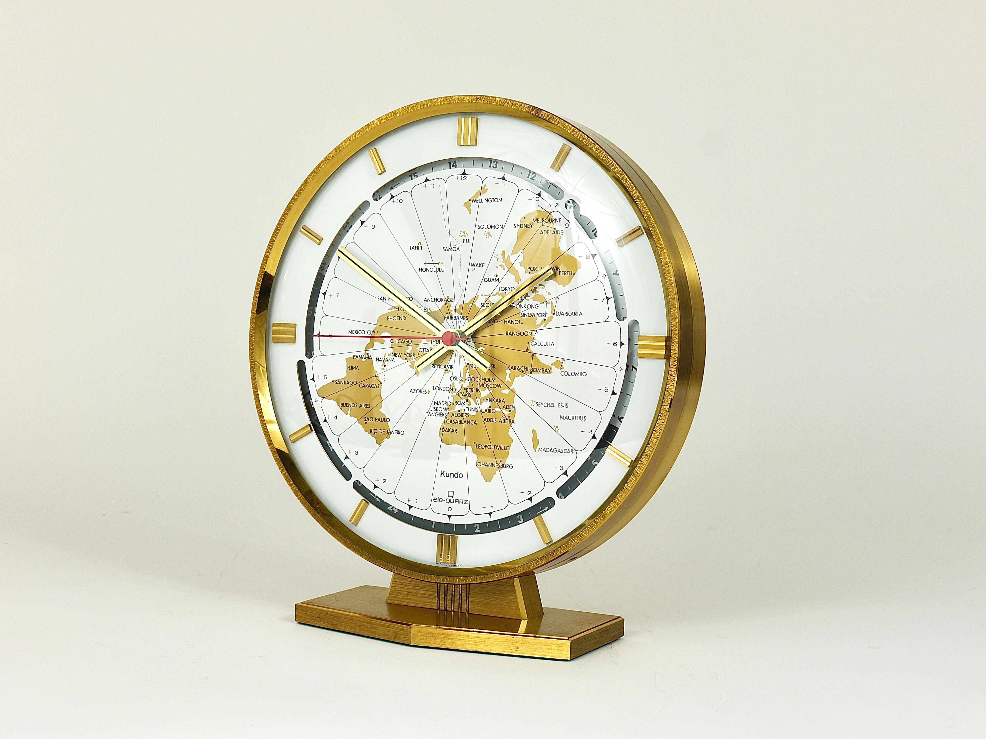 Large Kundo GMT World Time Zone Brass Table Clock, Kieninger & Obergfell, 1960s 1