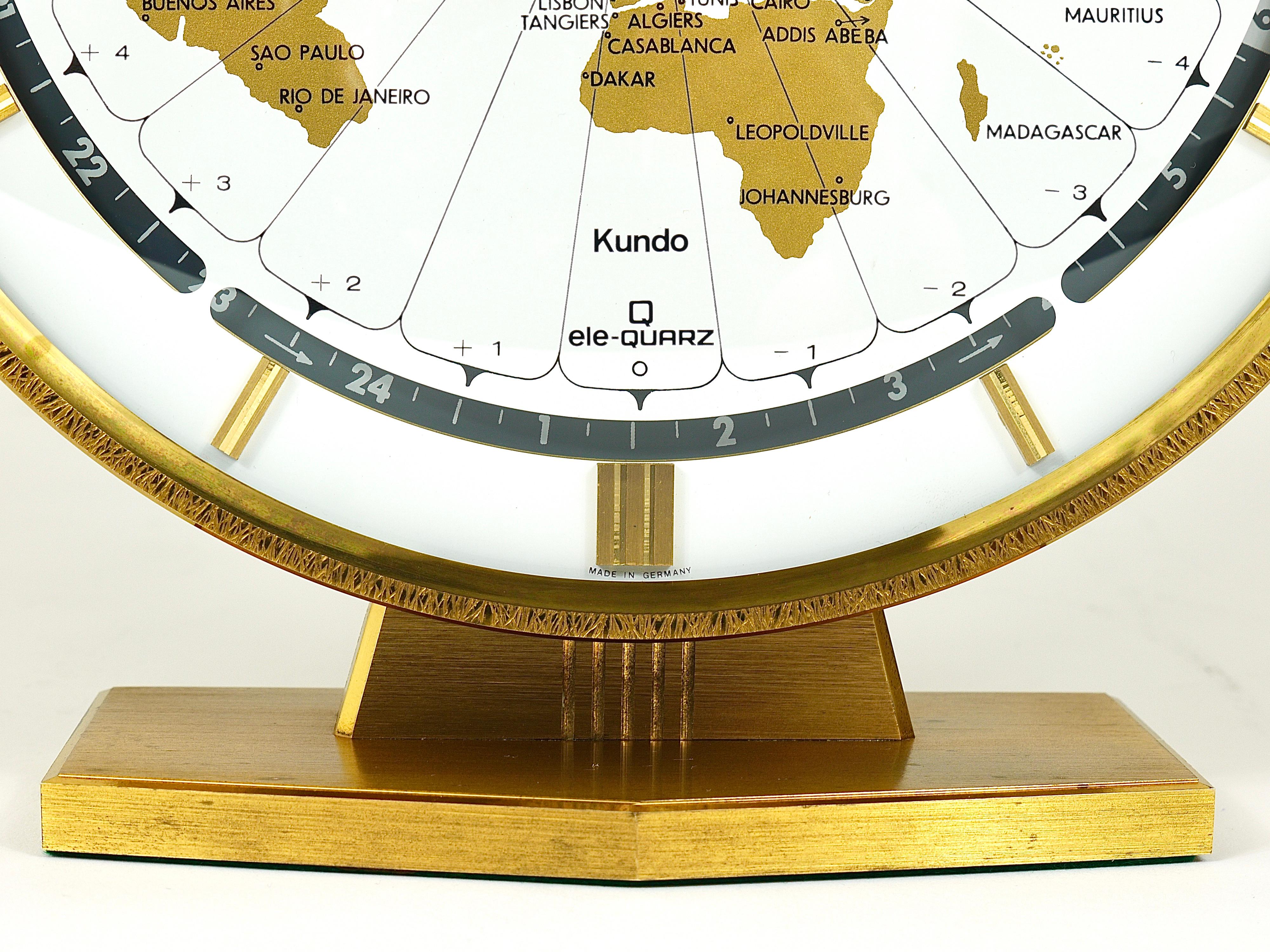 Large Kundo GMT World Time Zone Brass Table Clock, Kieninger & Obergfell, 1960s 2