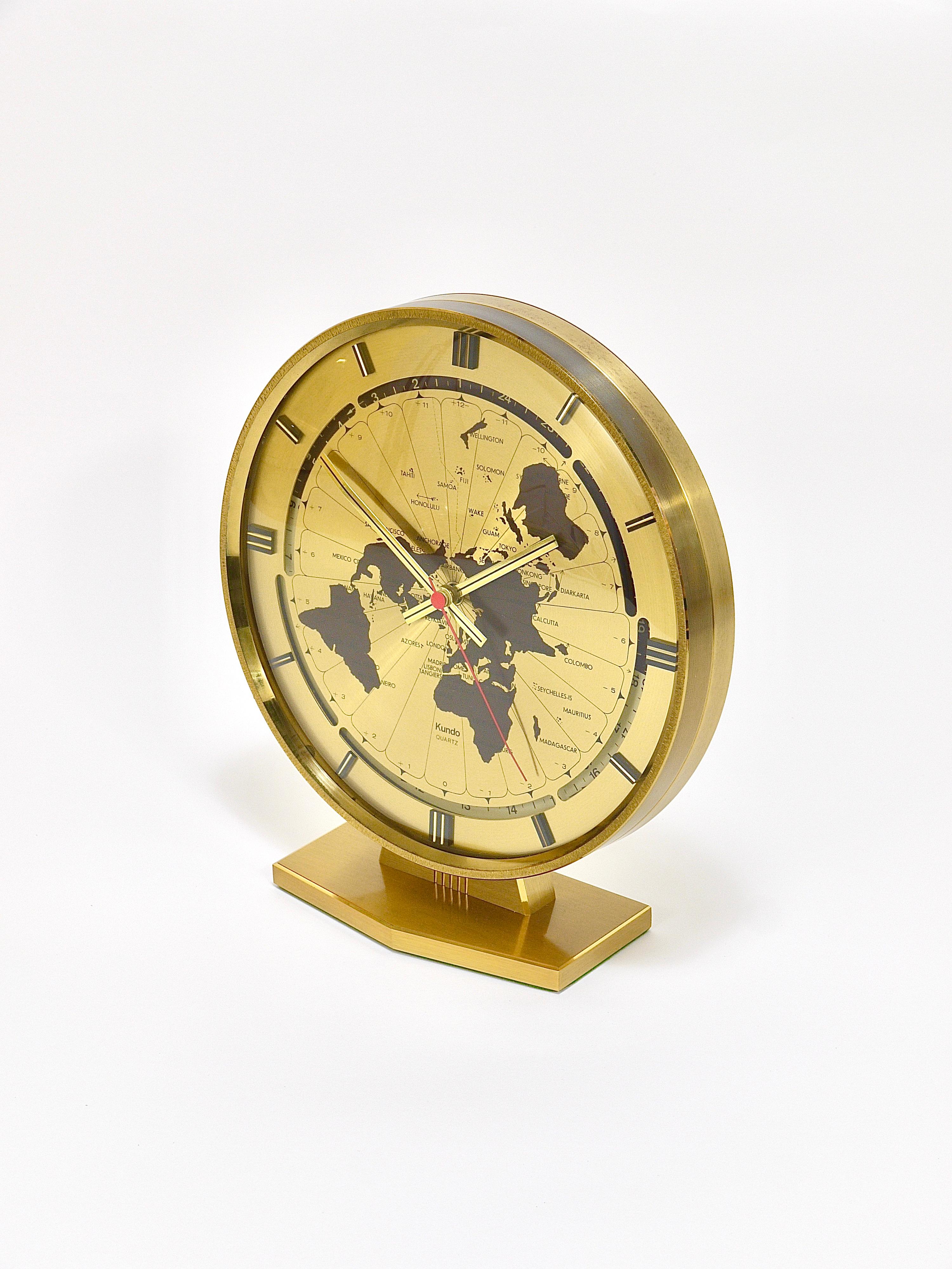Large Kundo GMT World Time Zone Brass Table Clock, Kieninger & Obergfell, 1960s For Sale 2