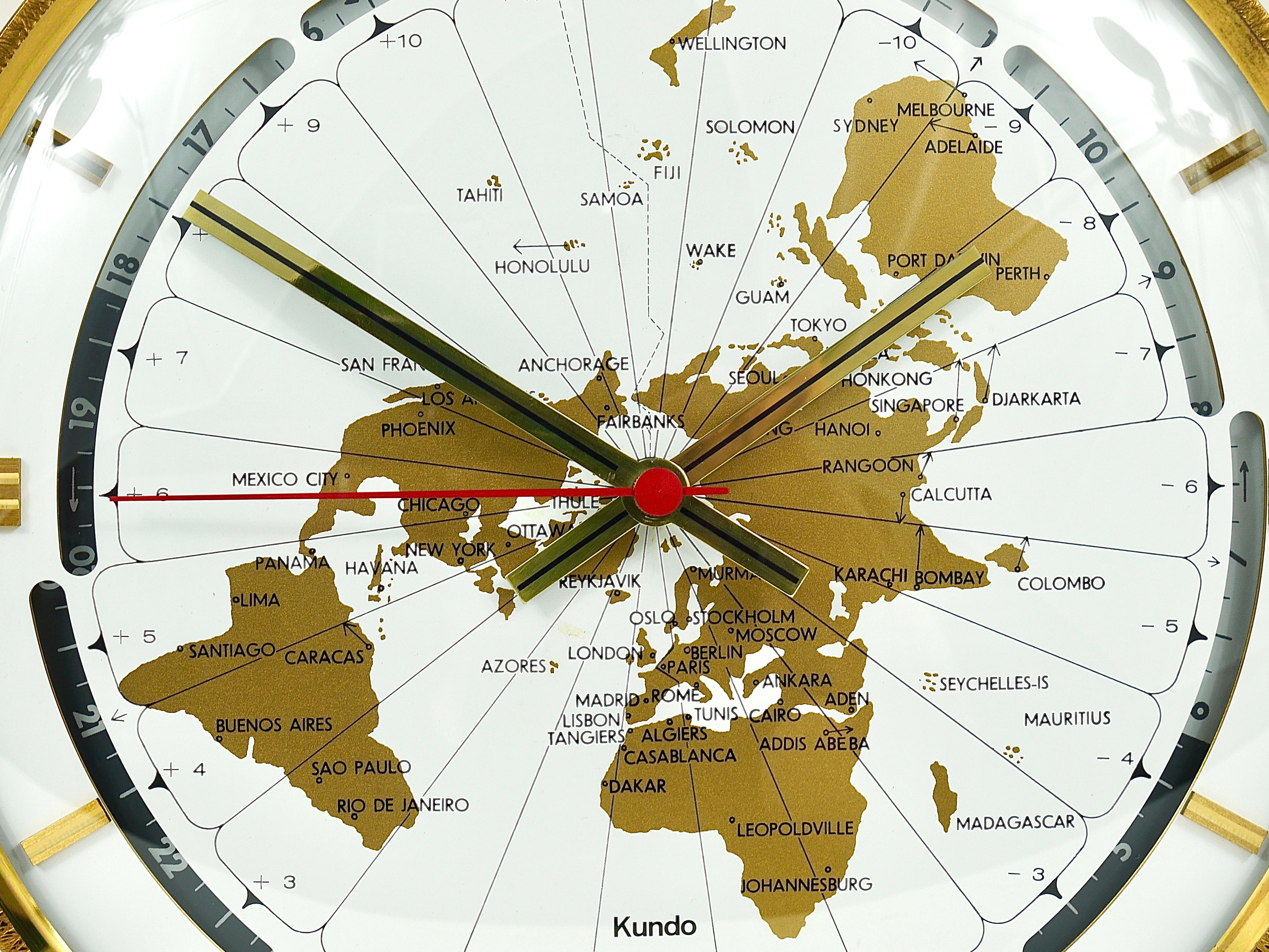 Large Kundo GMT World Time Zone Brass Table Clock, Kieninger & Obergfell, 1960s 3