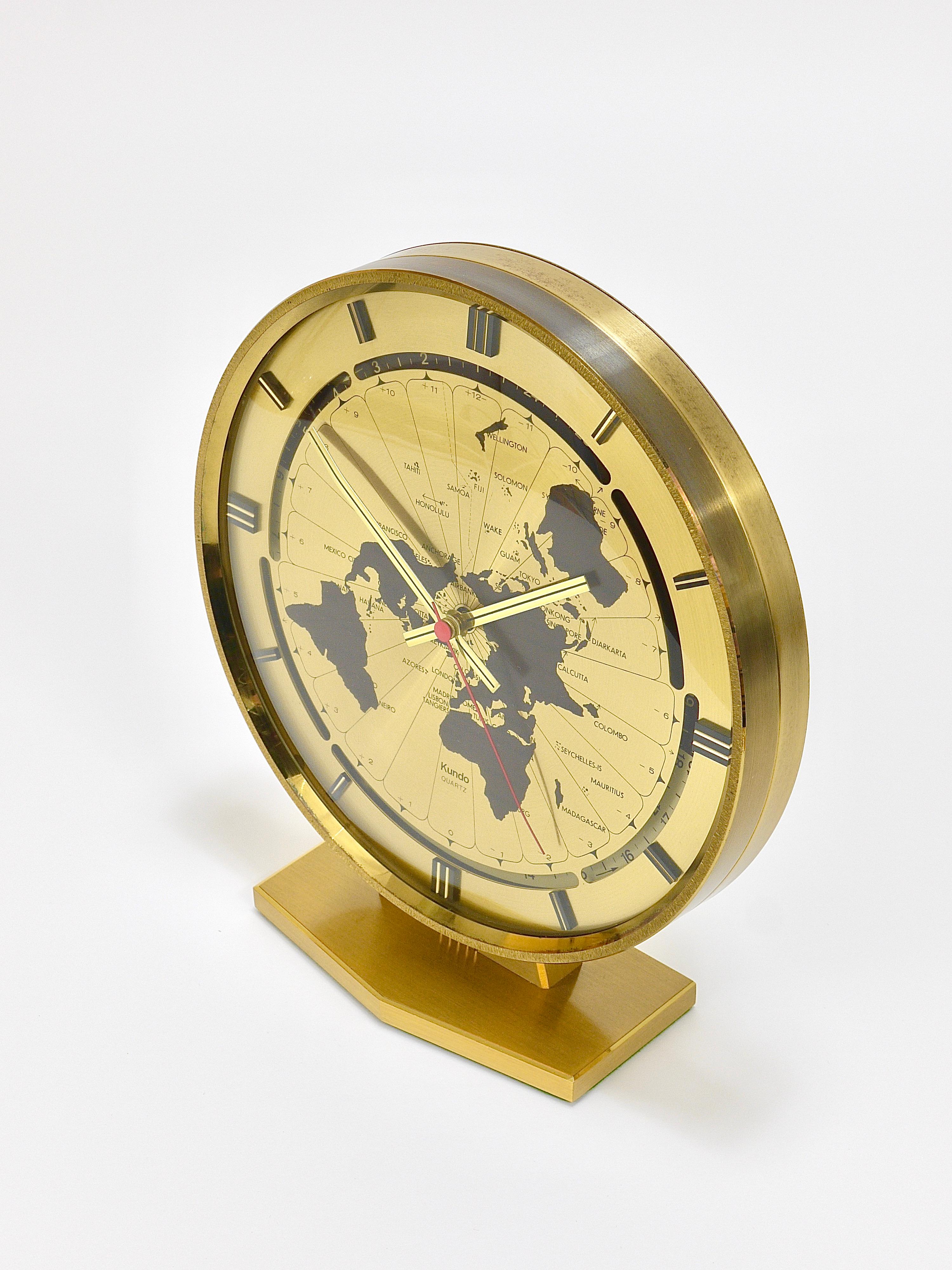 Large Kundo GMT World Time Zone Brass Table Clock, Kieninger & Obergfell, 1960s For Sale 3