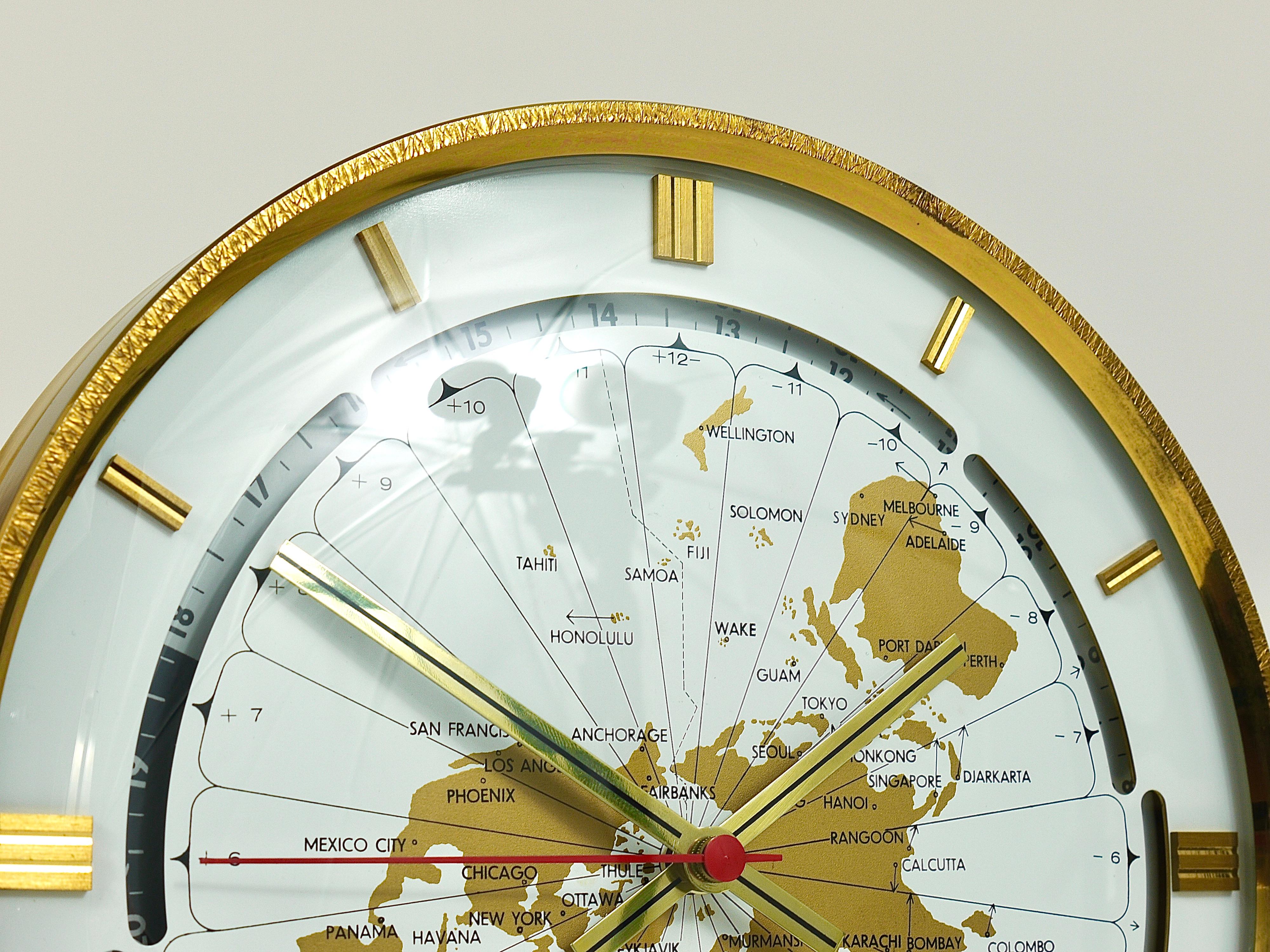 Large Kundo GMT World Time Zone Brass Table Clock, Kieninger & Obergfell, 1960s 4