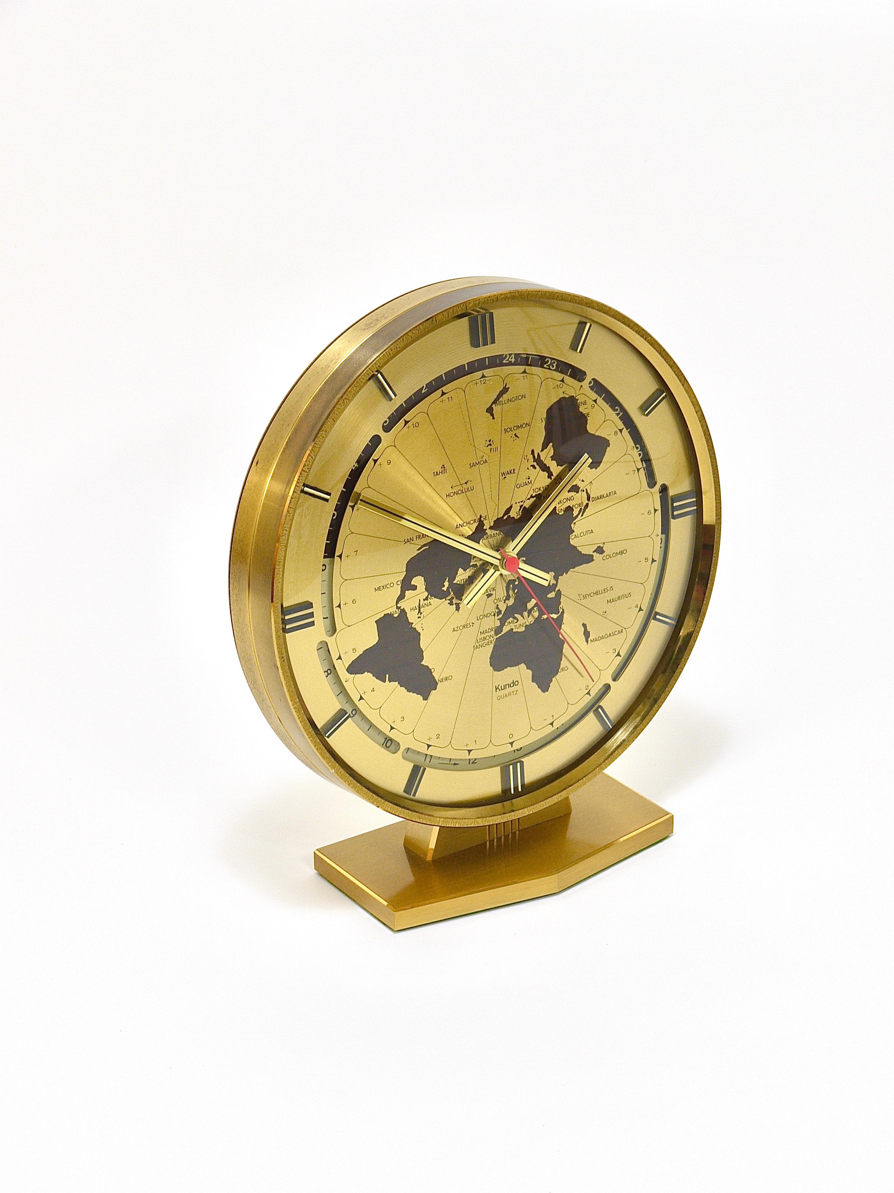 Large Kundo GMT World Time Zone Brass Table Clock, Kieninger & Obergfell, 1960s For Sale 4