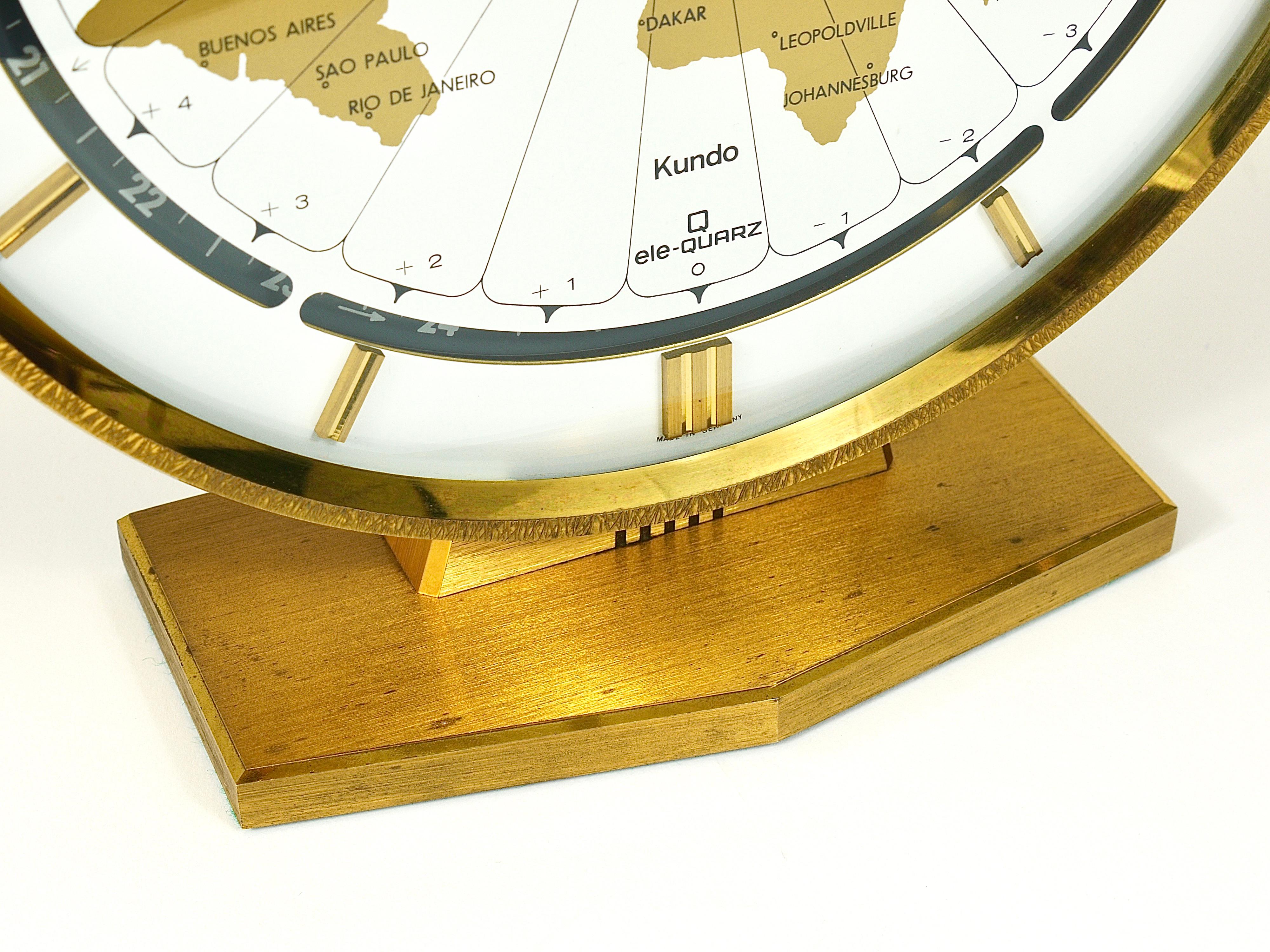 Large Kundo GMT World Time Zone Brass Table Clock, Kieninger & Obergfell, 1960s 5