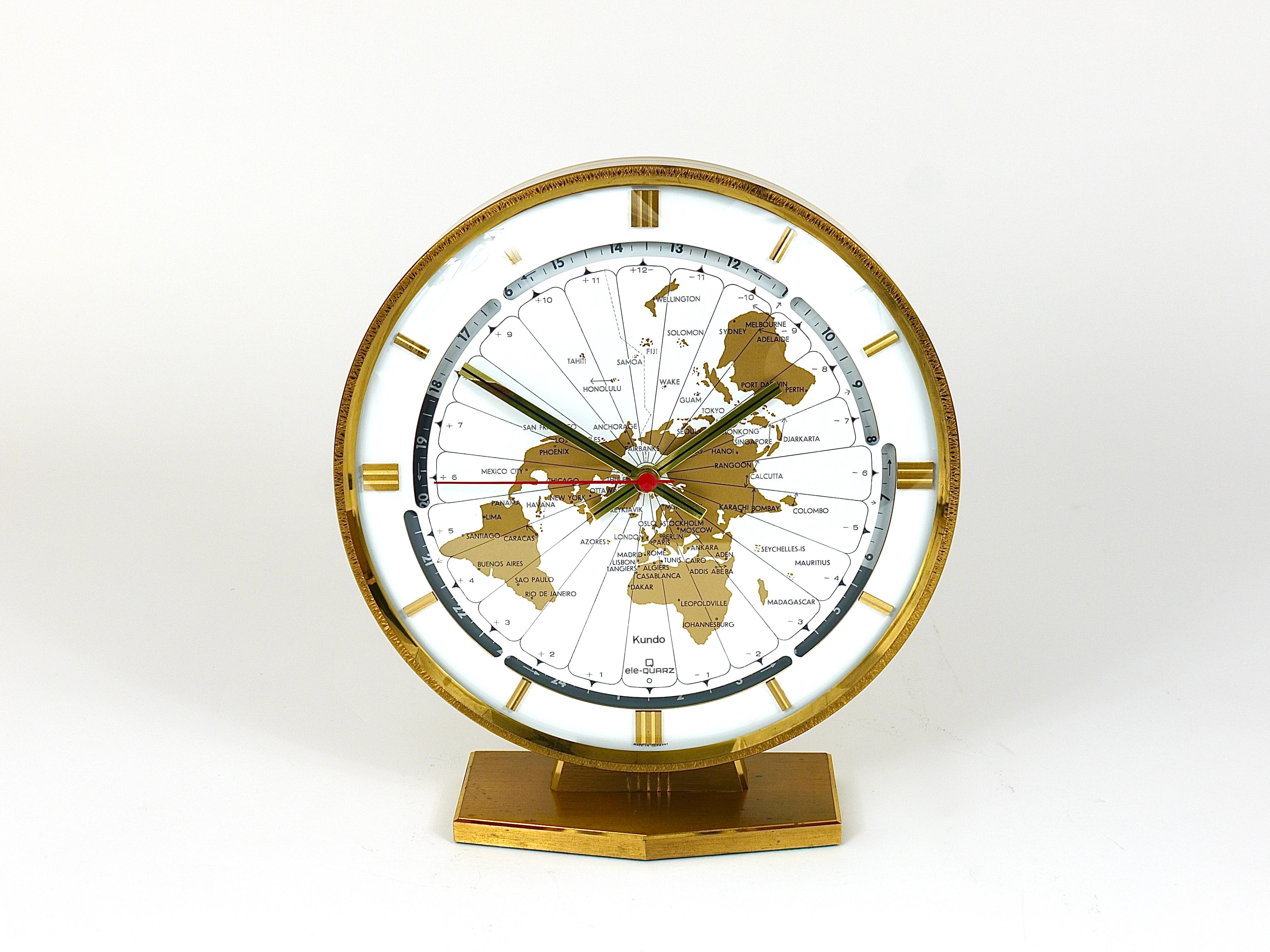 Large Kundo GMT World Time Zone Brass Table Clock, Kieninger & Obergfell, 1960s 7