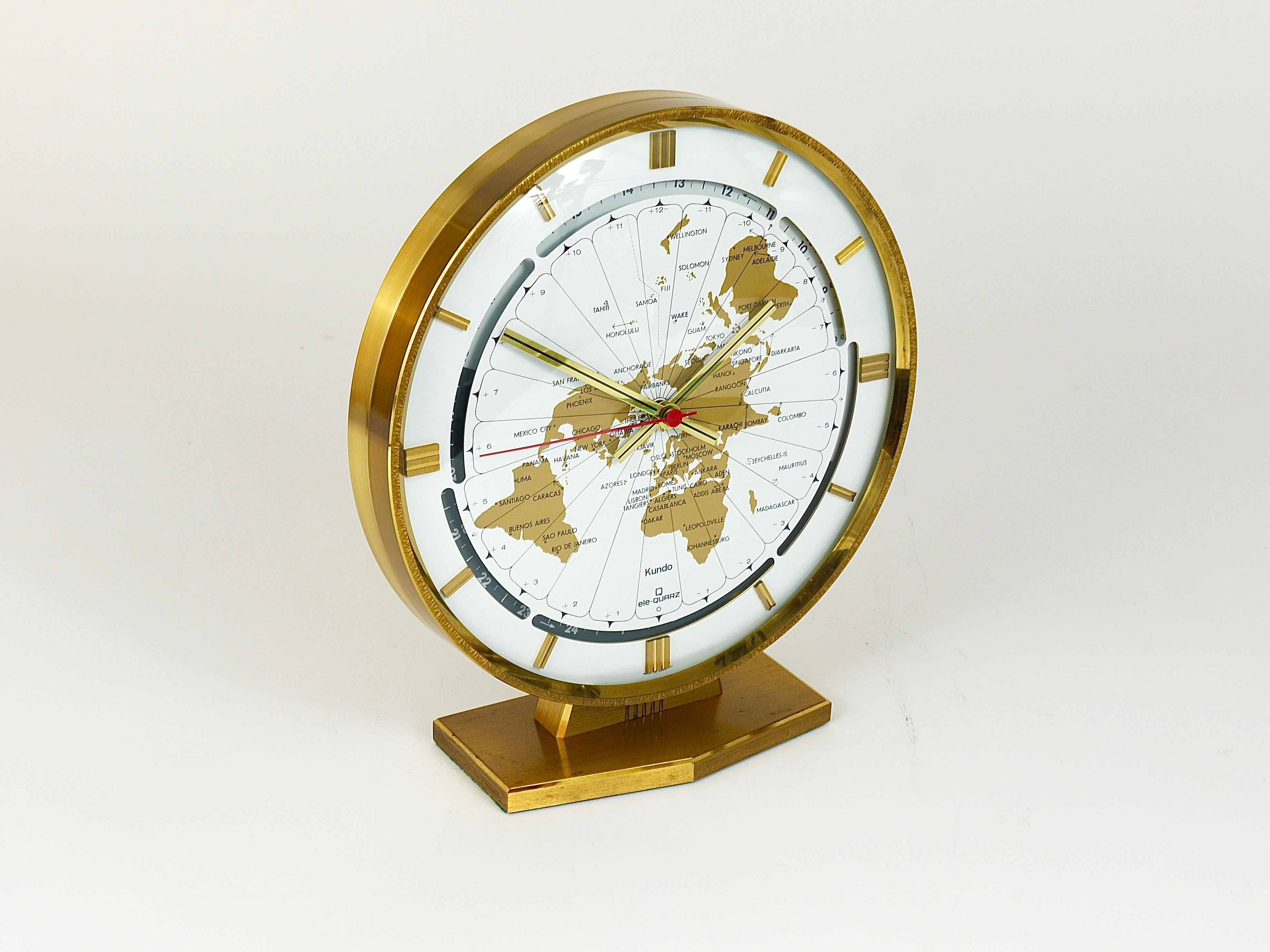 Large Kundo GMT World Time Zone Brass Table Clock, Kieninger & Obergfell, 1960s 9
