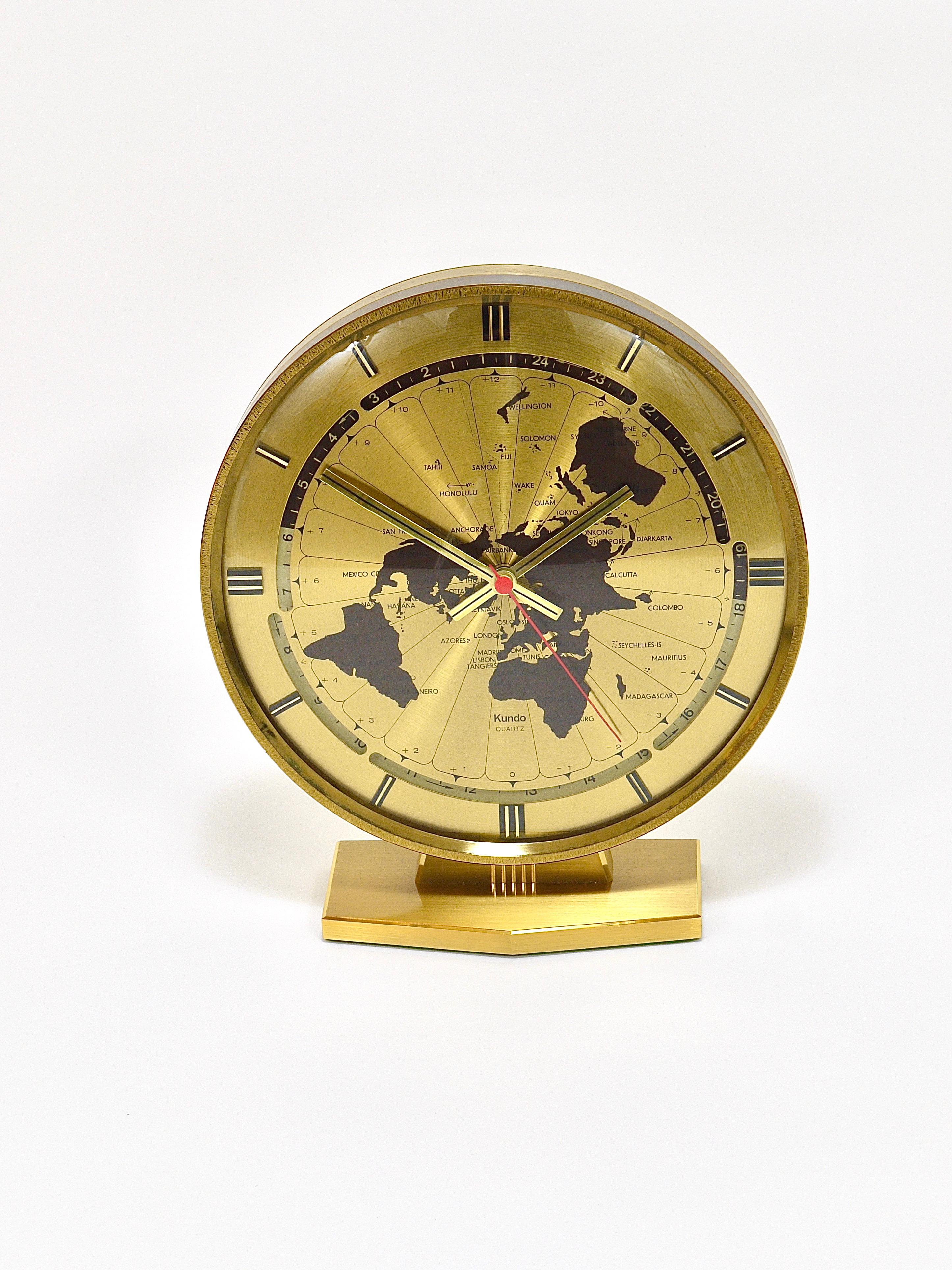 Large Kundo GMT World Time Zone Brass Table Clock, Kieninger & Obergfell, 1960s For Sale 9