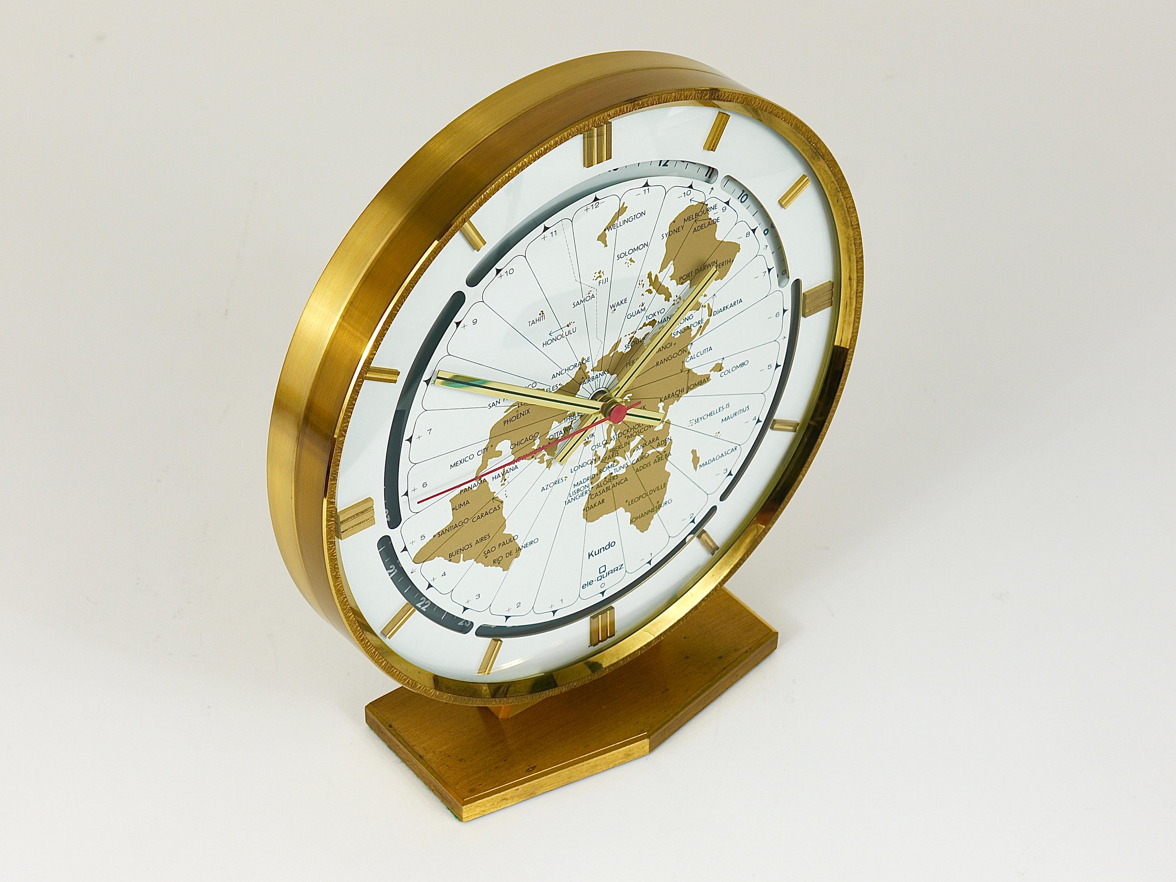 Large Kundo GMT World Time Zone Brass Table Clock, Kieninger & Obergfell, 1960s 10