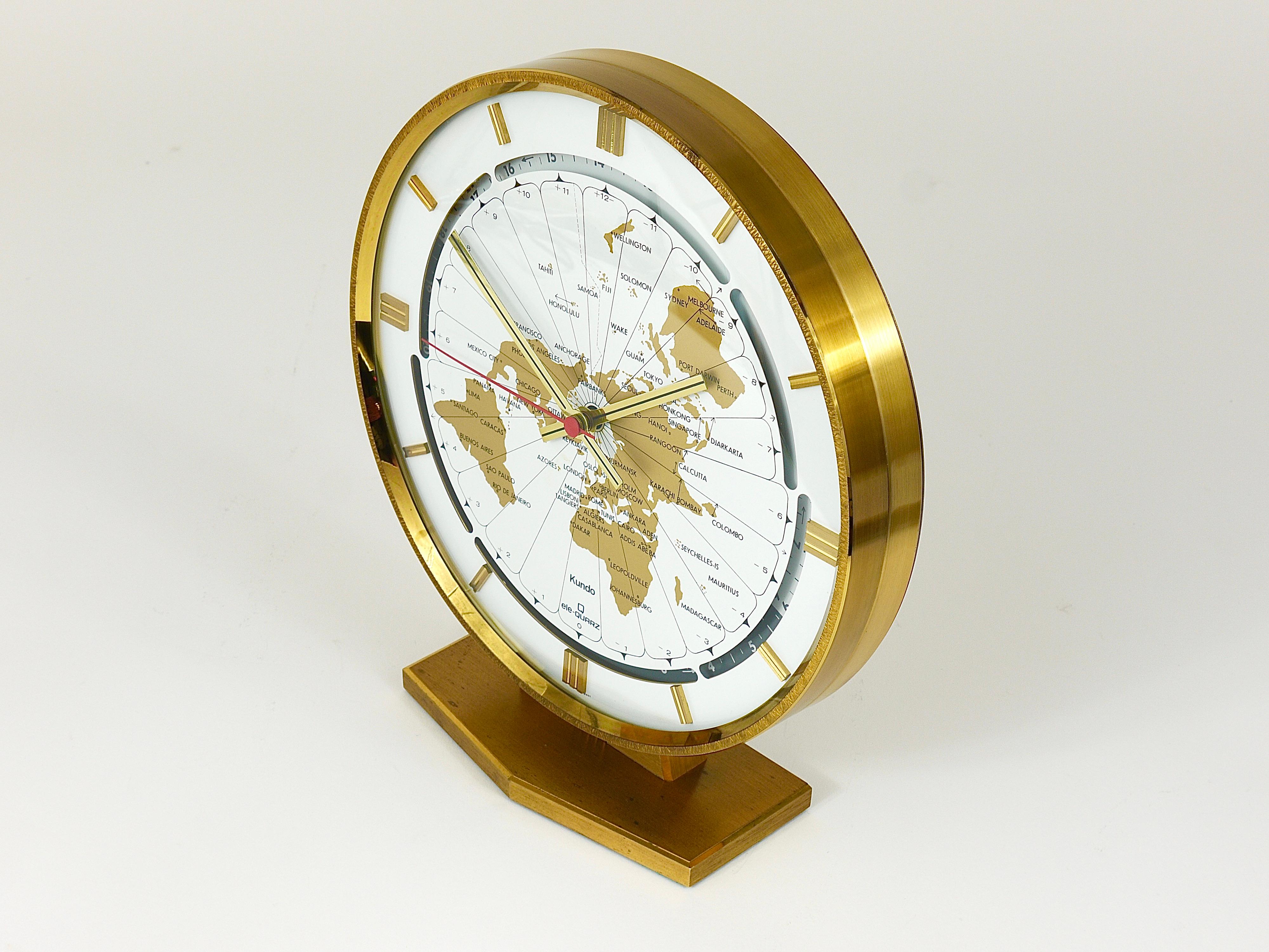 Large Kundo GMT World Time Zone Brass Table Clock, Kieninger & Obergfell, 1960s 11