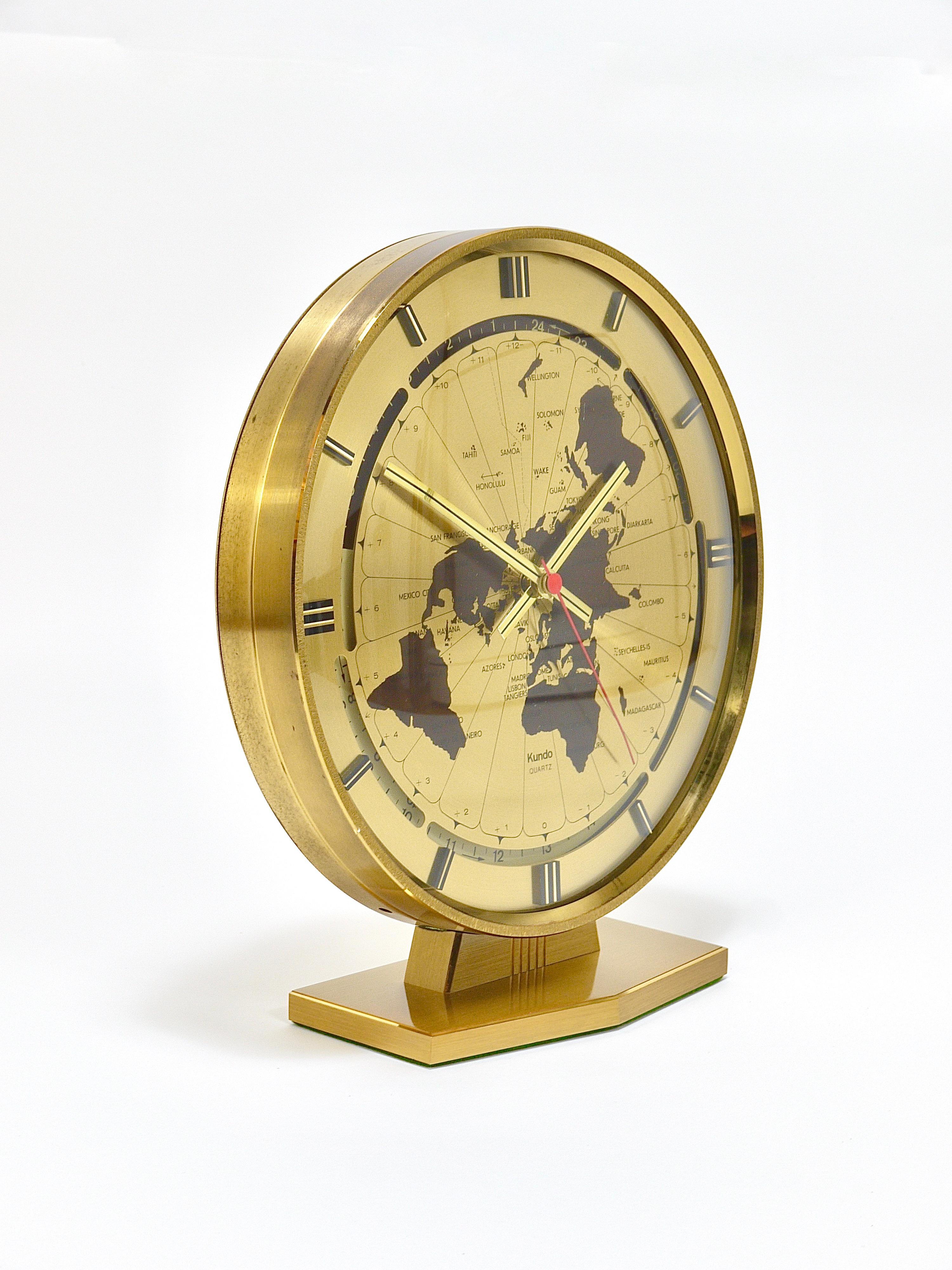 Mid-Century Modern Large Kundo GMT World Time Zone Brass Table Clock, Kieninger & Obergfell, 1960s For Sale