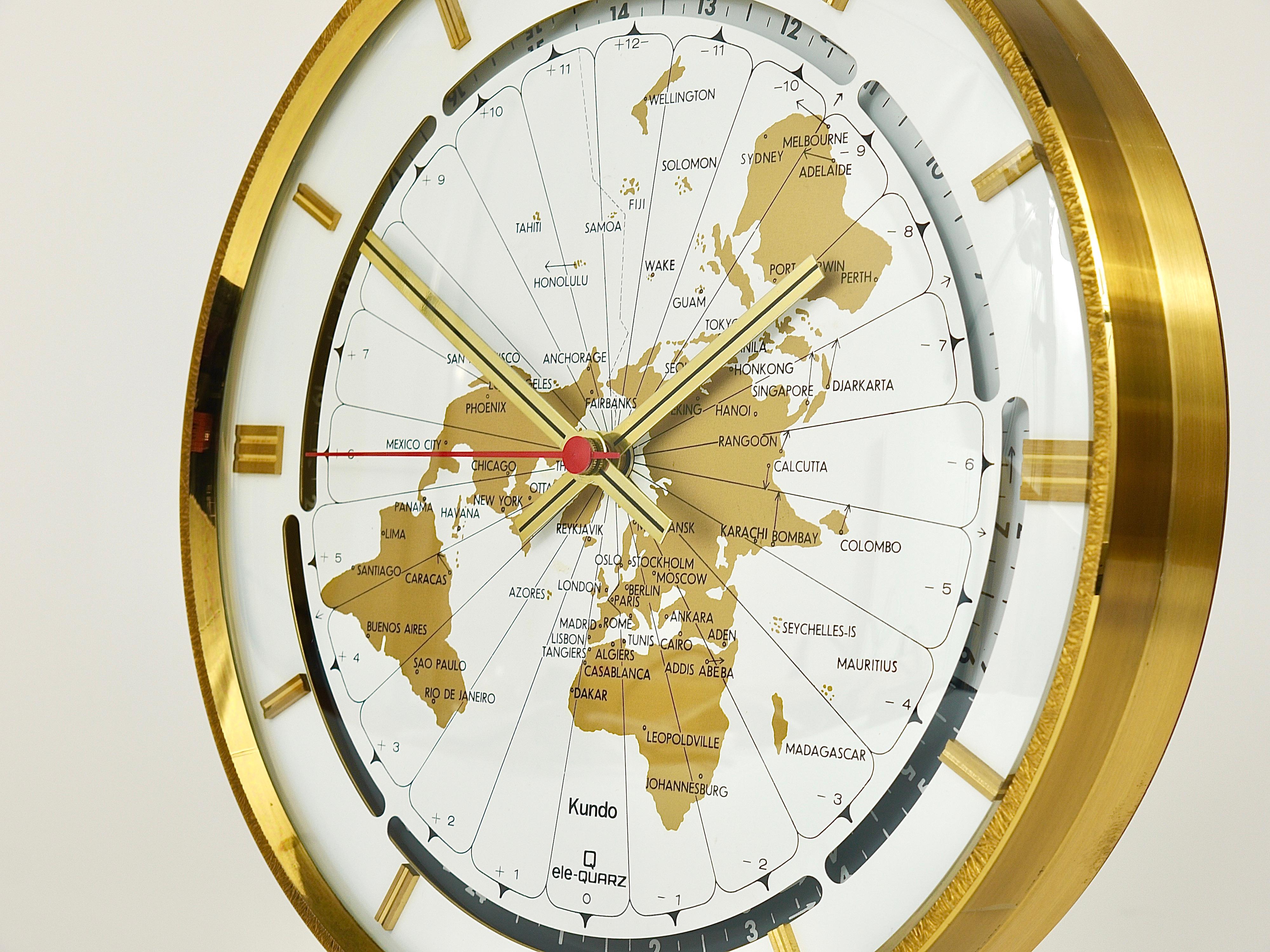20th Century Large Kundo GMT World Time Zone Brass Table Clock, Kieninger & Obergfell, 1960s