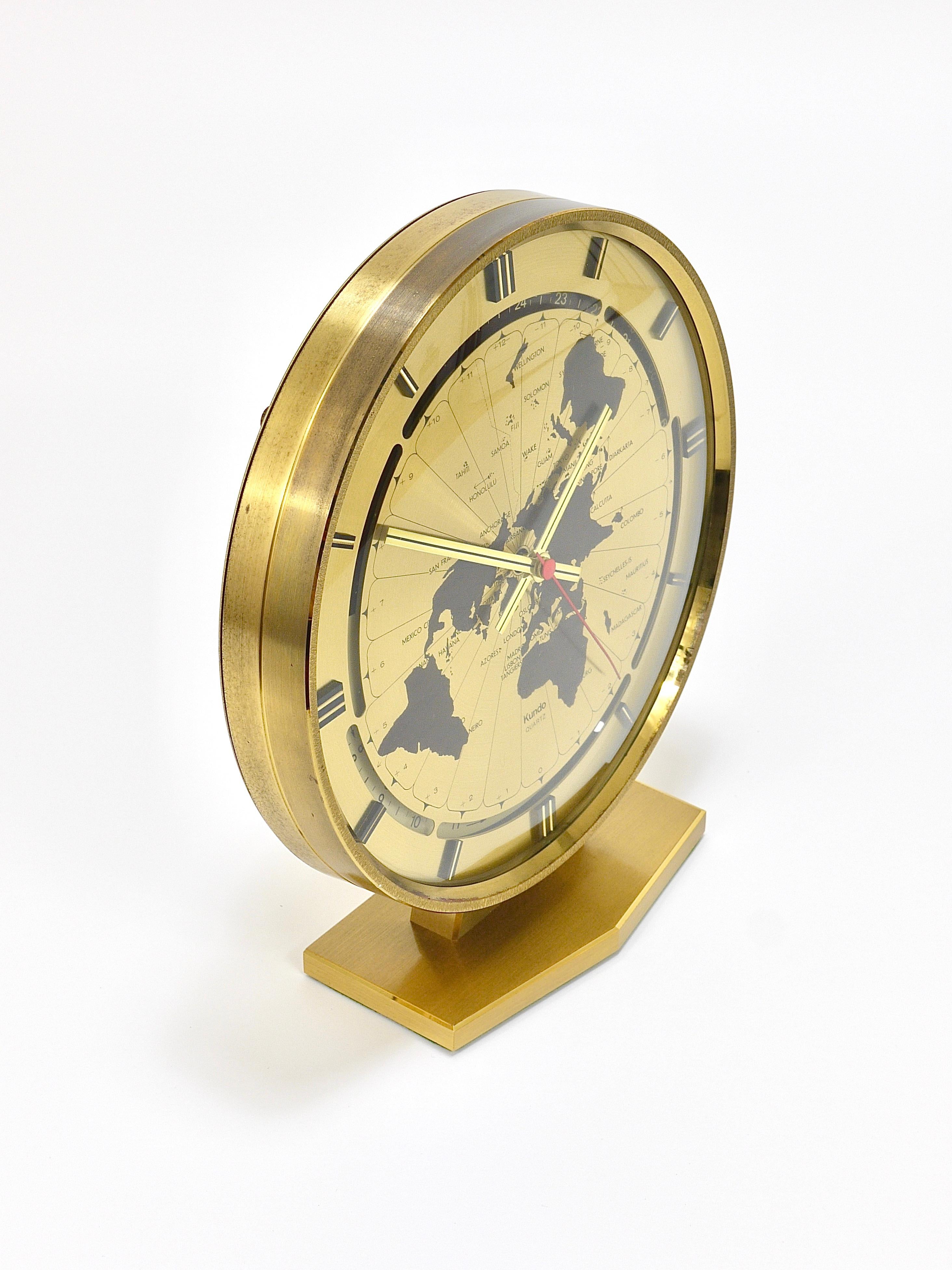 20th Century Large Kundo GMT World Time Zone Brass Table Clock, Kieninger & Obergfell, 1960s For Sale