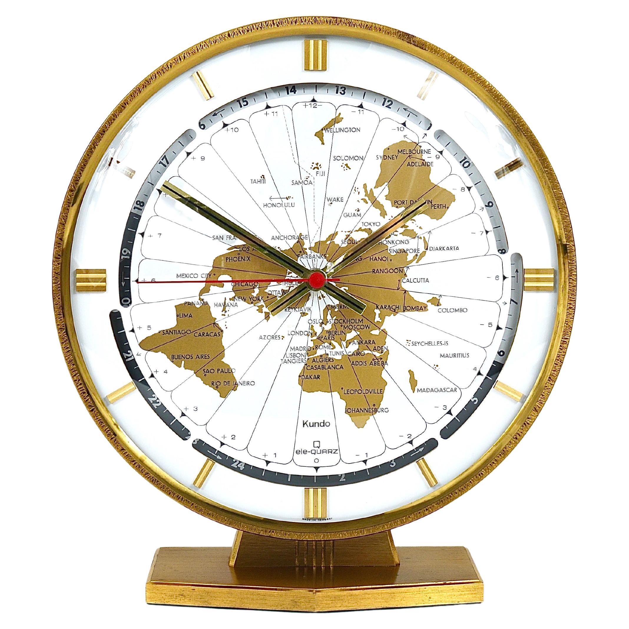 Large Kundo GMT World Time Zone Brass Table Clock, Kieninger & Obergfell, 1960s