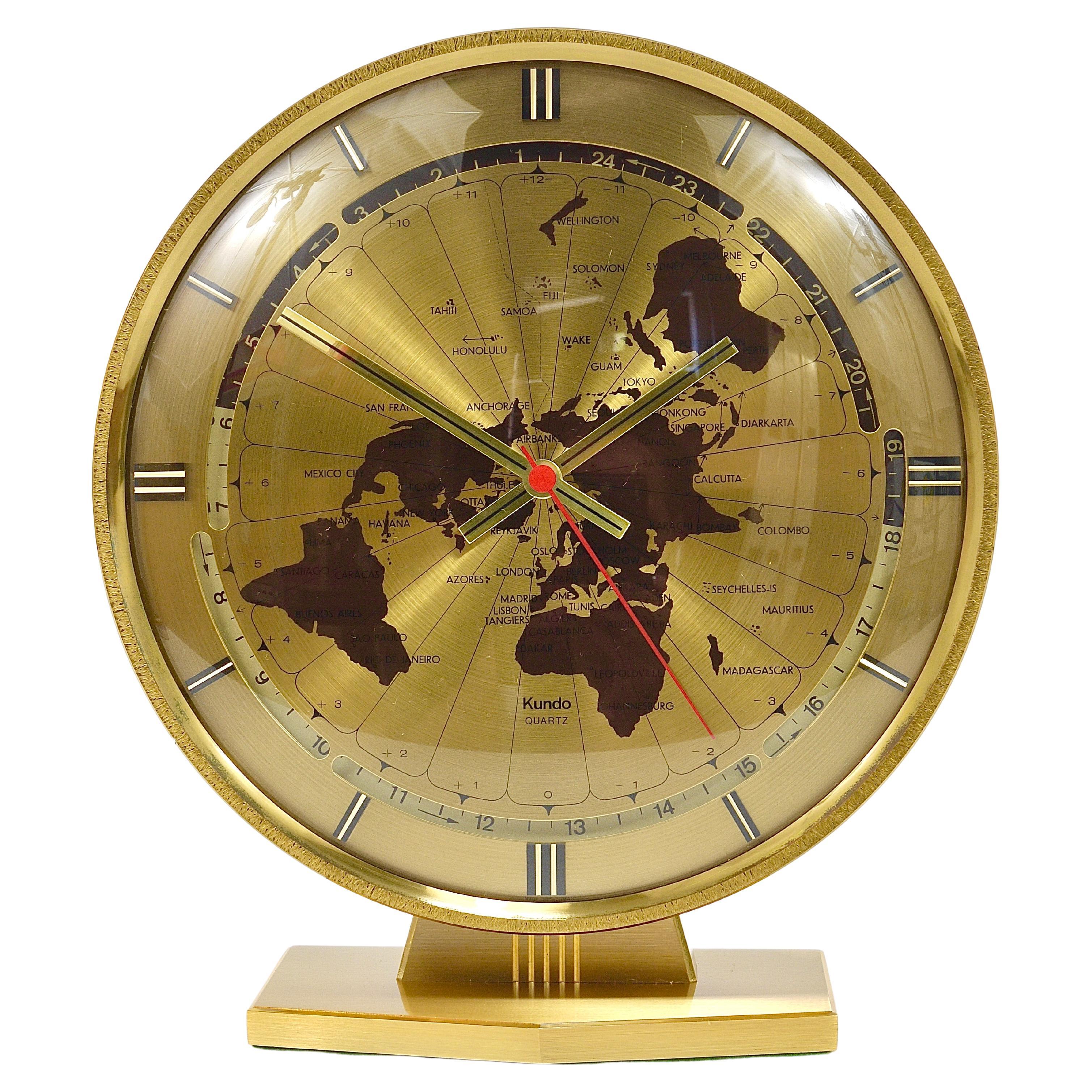 Large Kundo GMT World Time Zone Brass Table Clock, Kieninger & Obergfell, 1960s For Sale