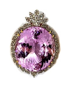 Large Kunzite and Diamond 18 Carat Yellow Gold Pendant