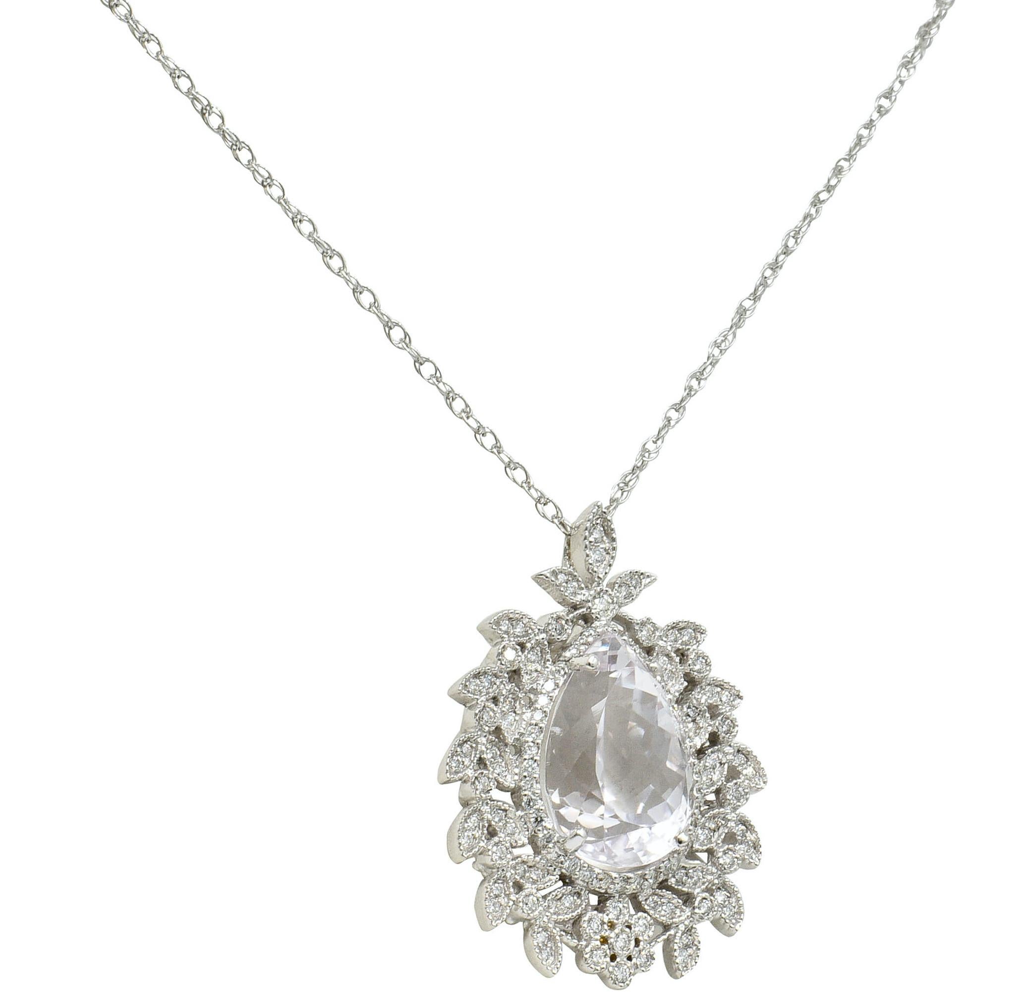Contemporary Large Kunzite Diamond 18 Karat White Gold Foliate Cluster Pendant Necklace