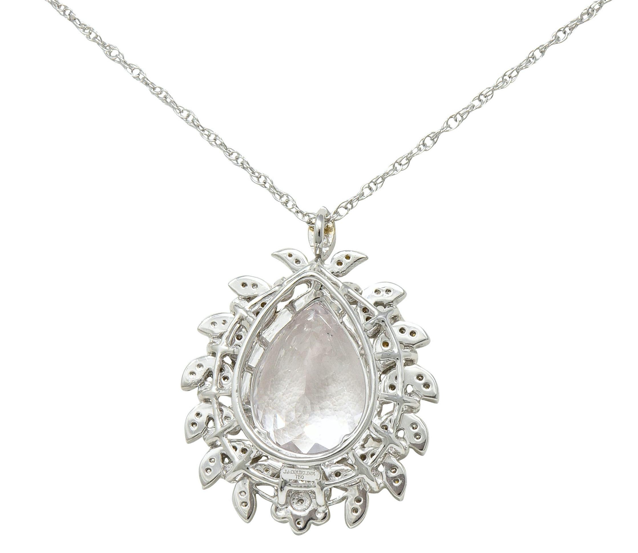 Large Kunzite Diamond 18 Karat White Gold Foliate Cluster Pendant Necklace In Excellent Condition In Philadelphia, PA