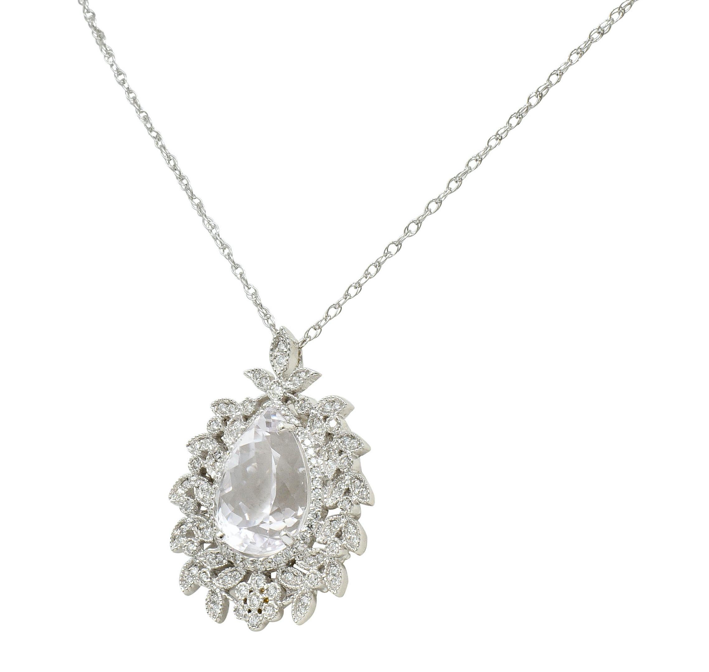 Women's or Men's Large Kunzite Diamond 18 Karat White Gold Foliate Cluster Pendant Necklace