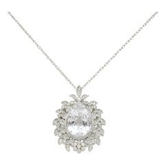 Large Kunzite Diamond 18 Karat White Gold Foliate Cluster Pendant Necklace