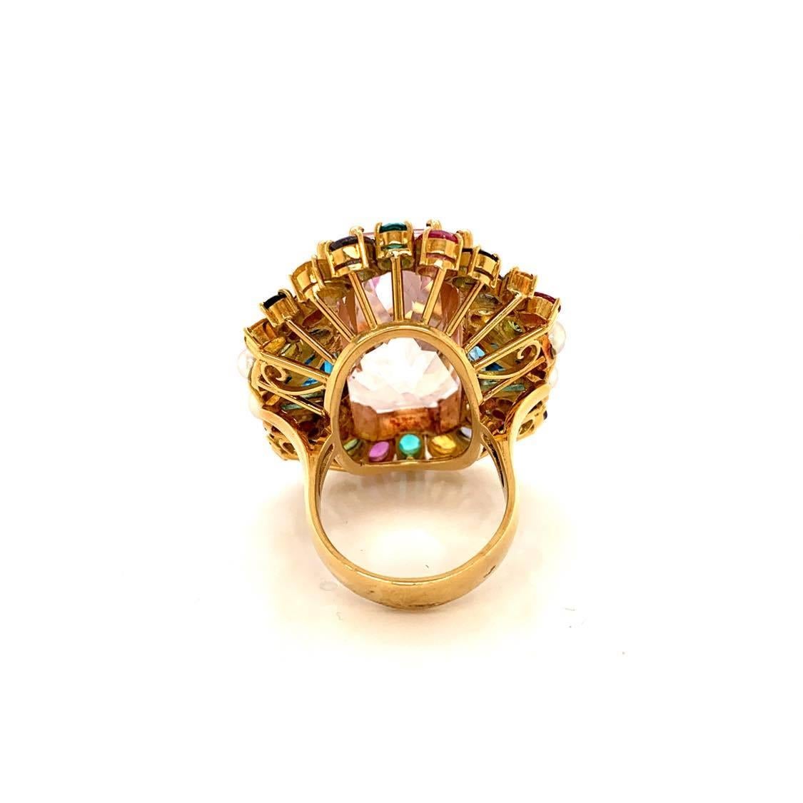 Radiant Cut Large Kunzite Diamond Paraiba Sapphire Topaz Gold Cocktail Ring For Sale