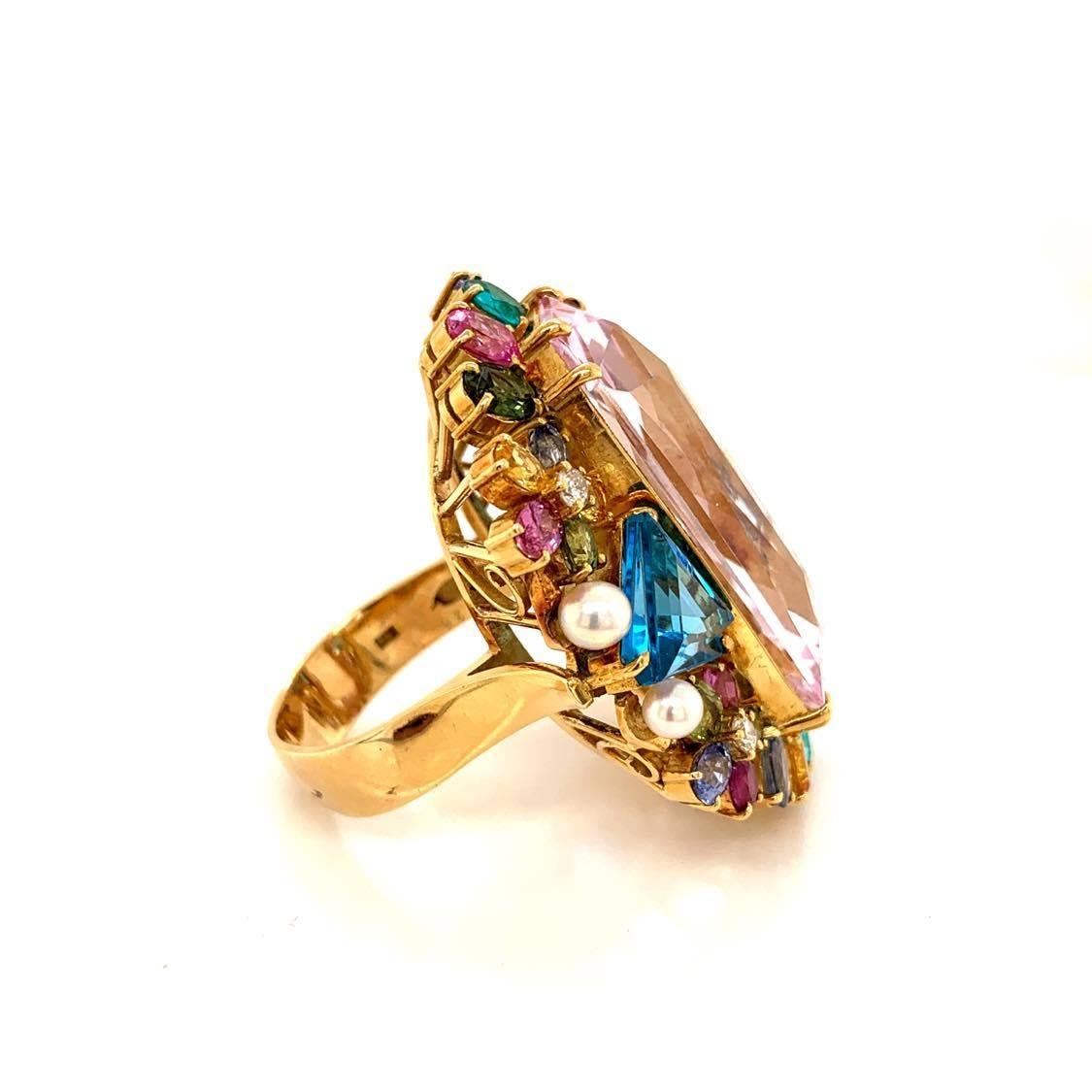 Large Kunzite Diamond Paraiba Sapphire Topaz Gold Cocktail Ring In New Condition For Sale In Beverly Hills, CA