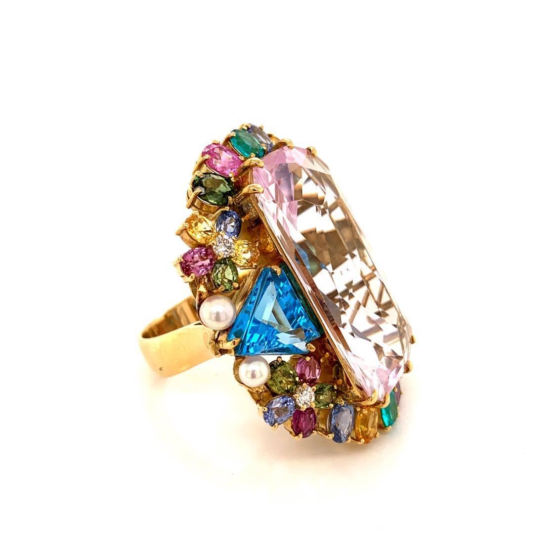 Women's Large Kunzite Diamond Paraiba Sapphire Topaz Gold Cocktail Ring For Sale