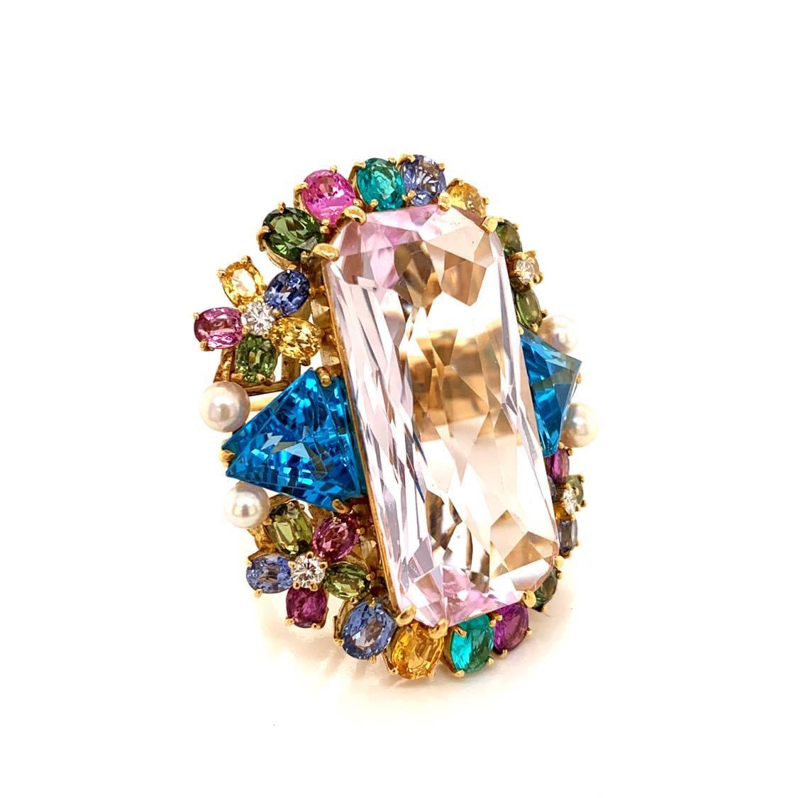 Large Kunzite Diamond Paraiba Sapphire Topaz Gold Cocktail Ring For Sale 1