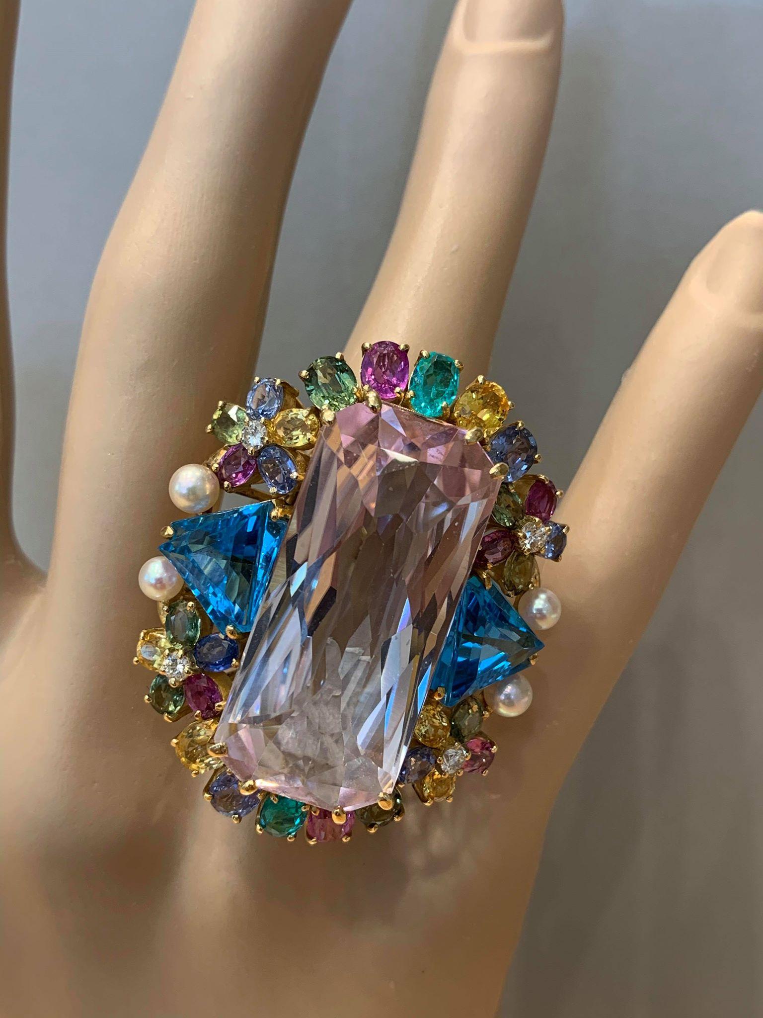 Large Kunzite Diamond Paraiba Sapphire Topaz Gold Cocktail Ring For Sale 2