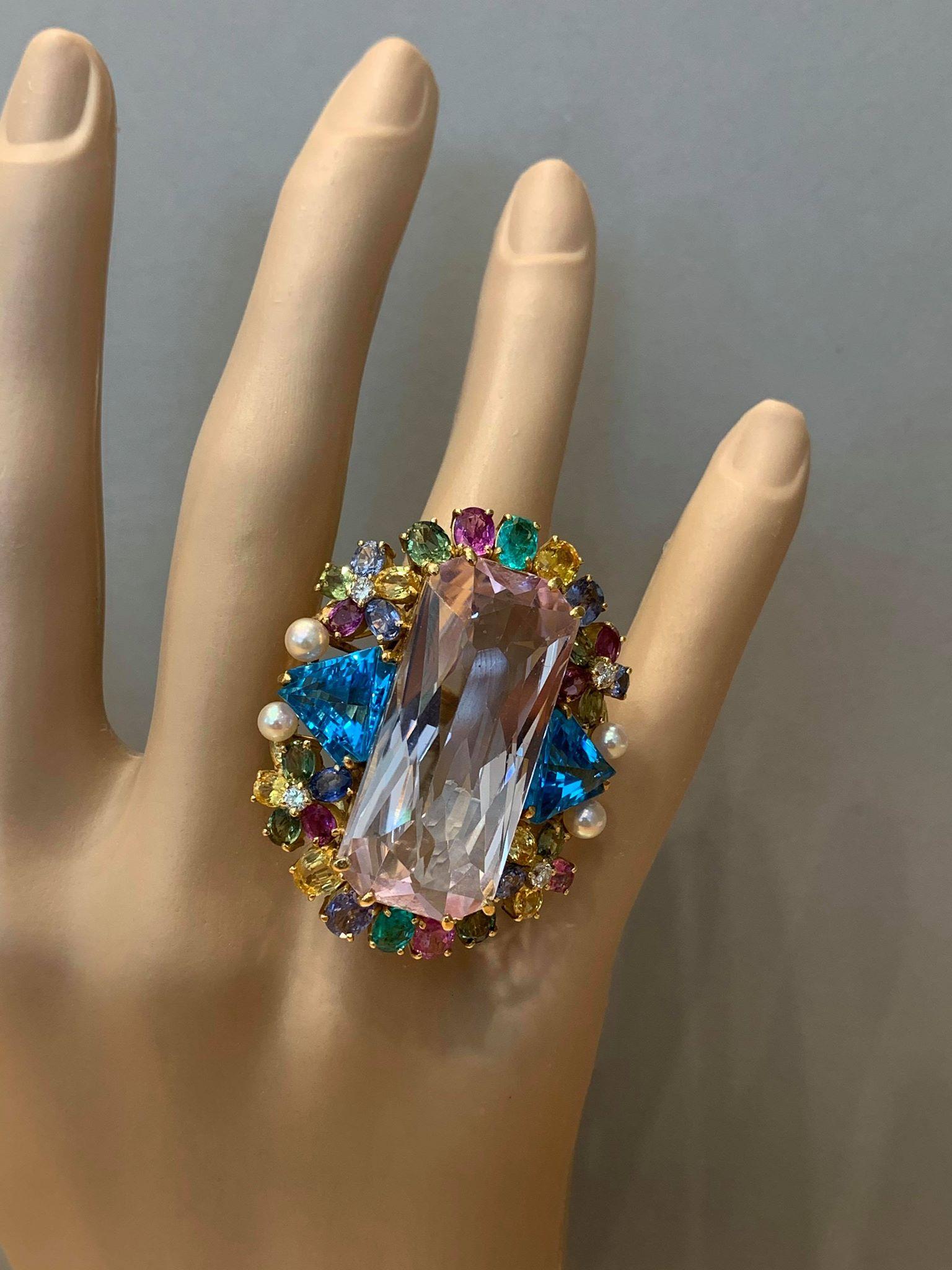 Large Kunzite Diamond Paraiba Sapphire Topaz Gold Cocktail Ring For Sale 3