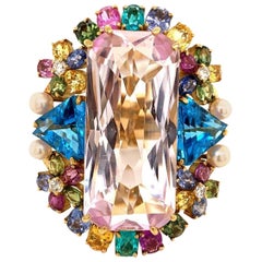 Large Kunzite Diamond Paraiba Sapphire Topaz Gold Cocktail Ring