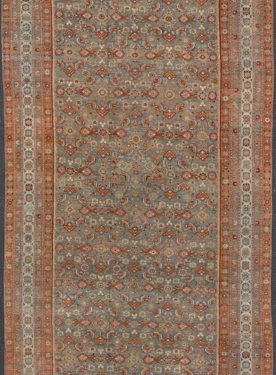 Large Kurdish Antique All Over Design Gallery Runner in Muted Tones Of Blue-Gray For Sale 2