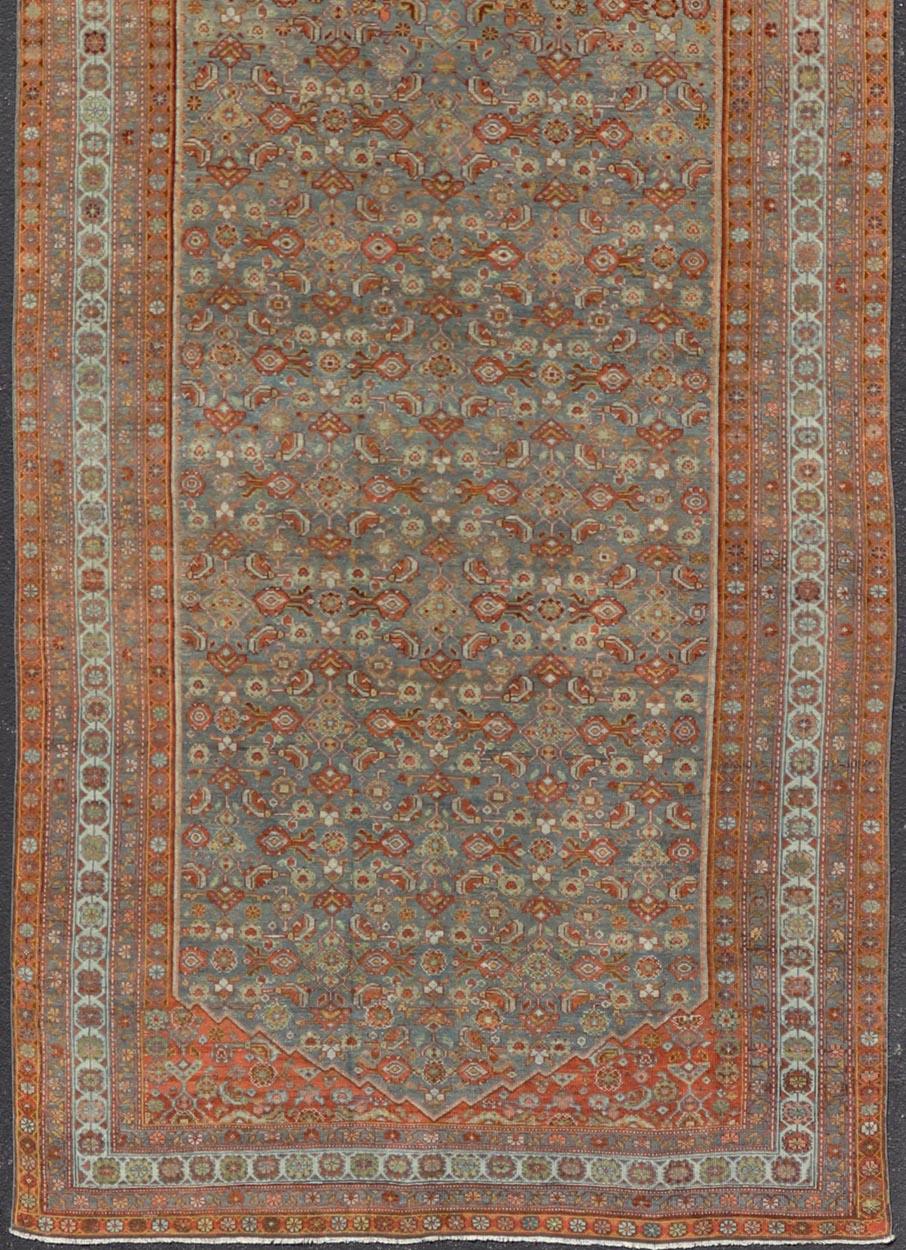 Large Kurdish Antique All Over Design Gallery Runner in Muted Tones Of Blue-Gray For Sale 3