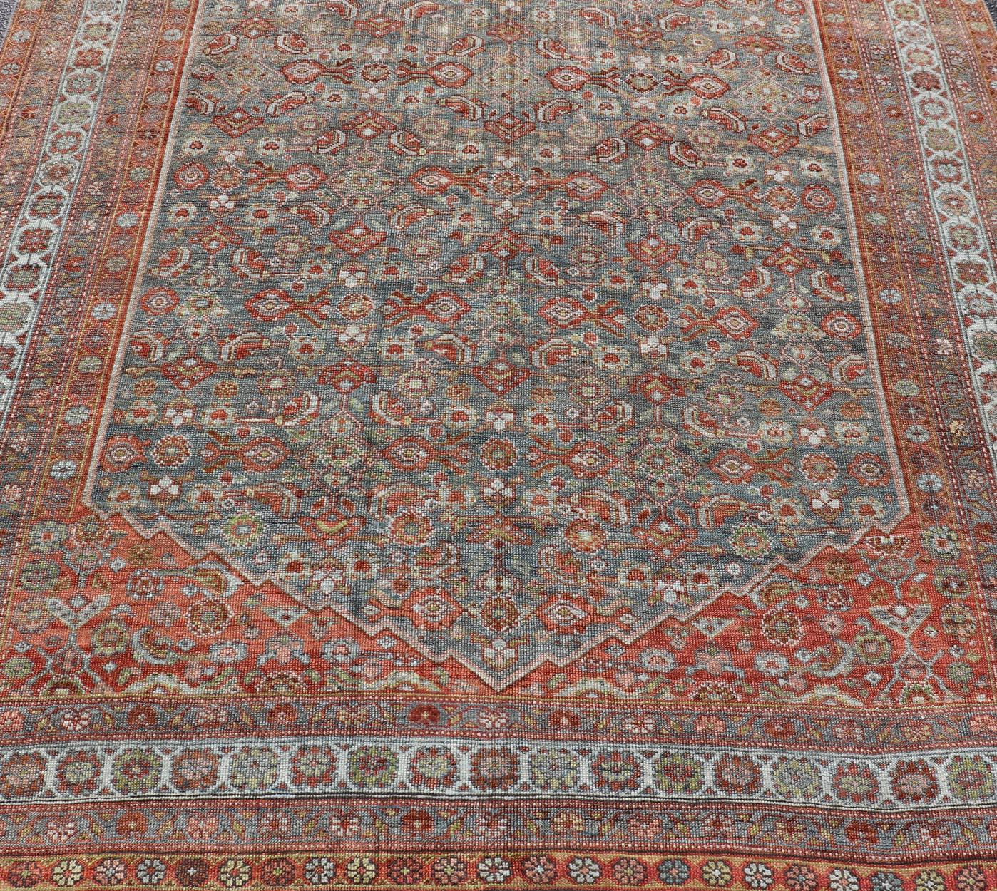 Large Kurdish Antique All Over Design Gallery Runner in Muted Tones Of Blue-Gray. Keivan Woven Arts: rug V21-1217-15474 Country of Origin: Iran Type: Kurdish Circa 1900
Measures: 7'10 x 22'0 
This magnificent Kurdish antique gallery runner has held